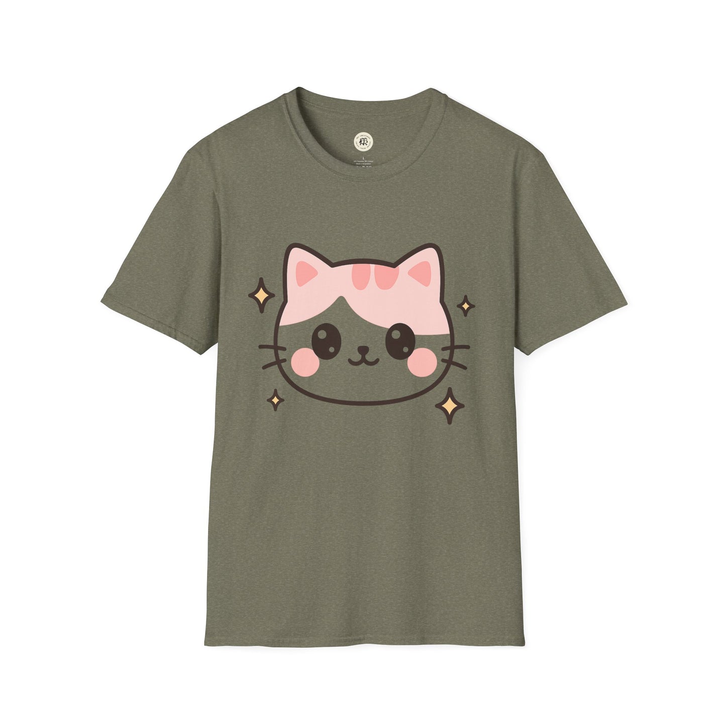 Printify kawaii cat t-shirt with cute pink and brown cartoon cat face on olive green fabric