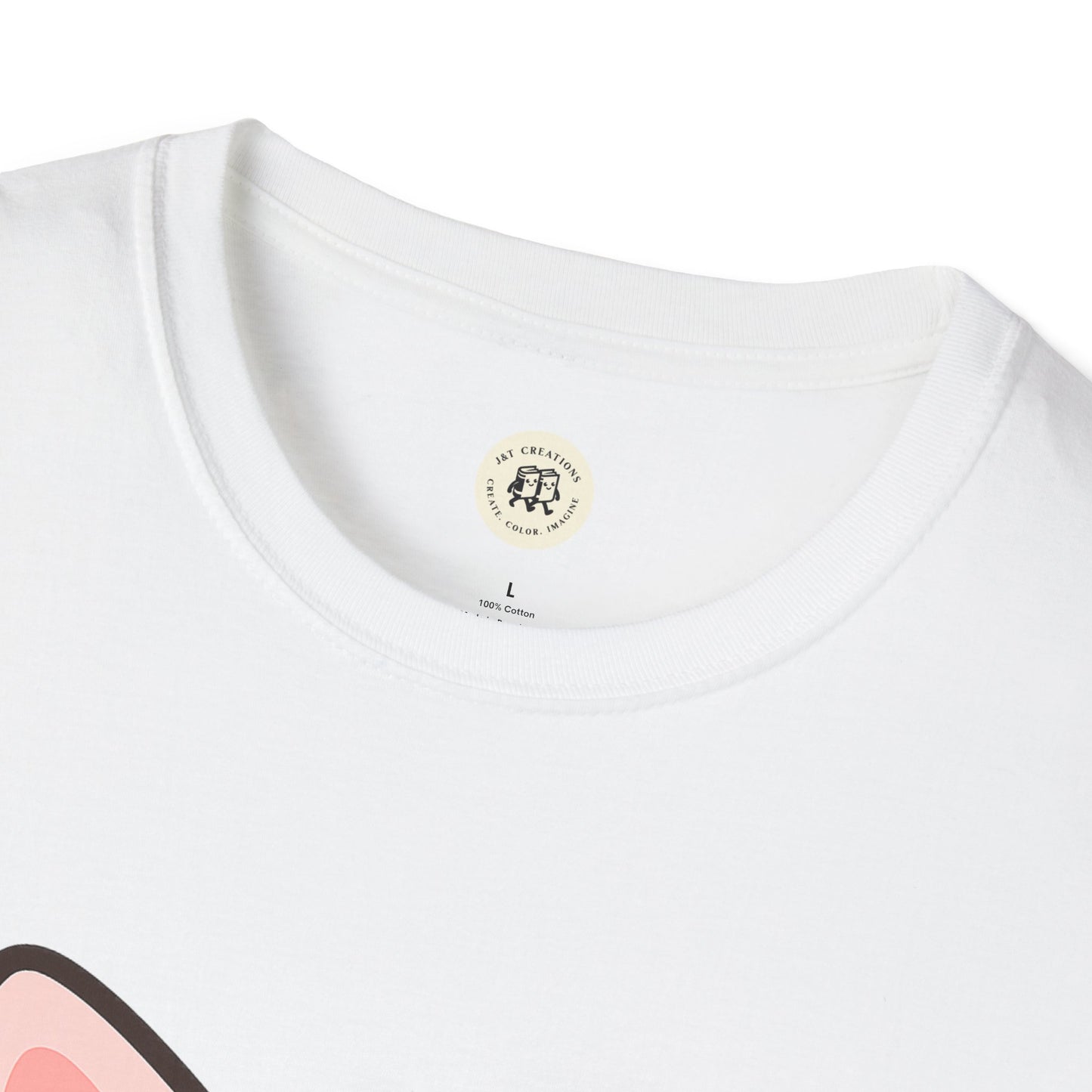 White Printify kawaii cat t-shirt with round neckline and soft cotton fabric