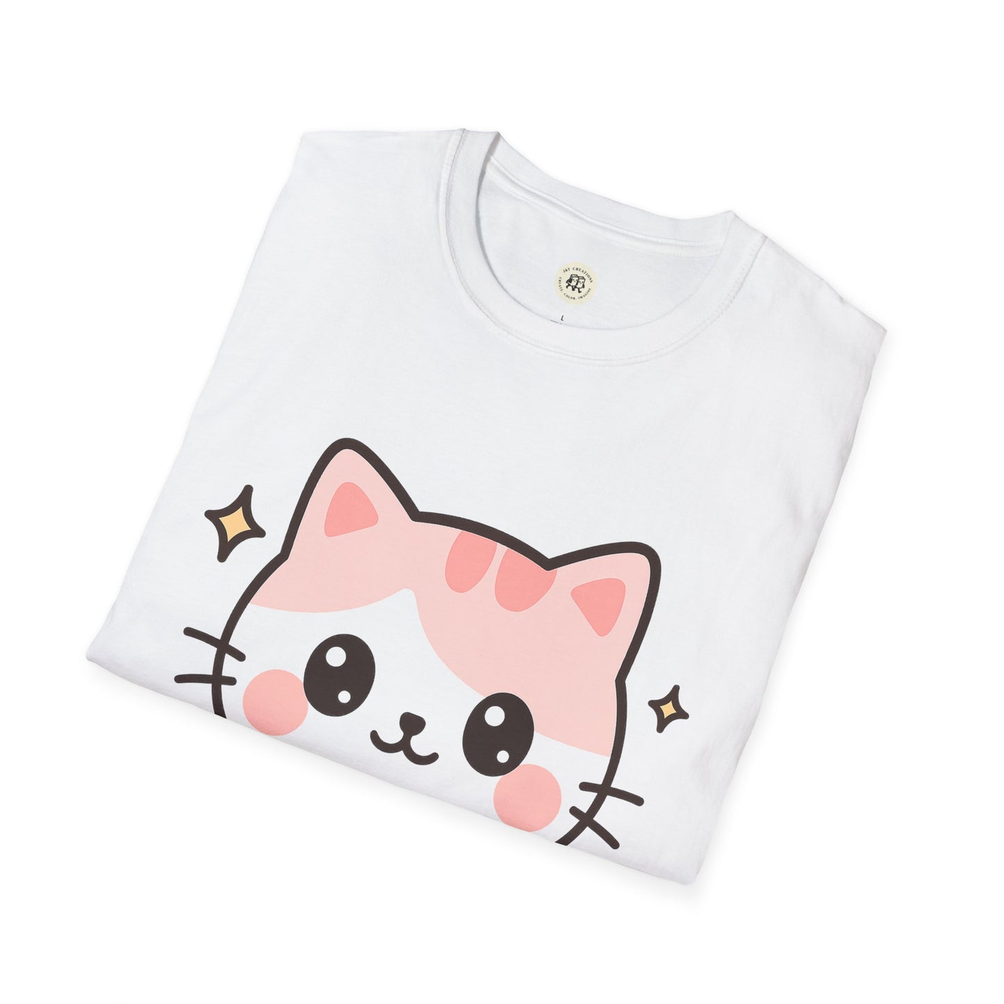 Printify white kawaii cat t-shirt with cute pink and white cat face graphic design