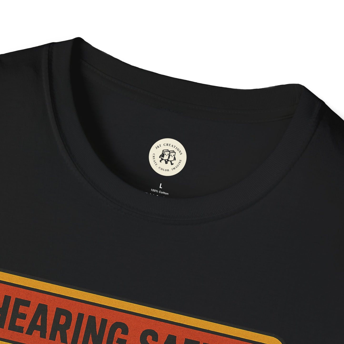 Close-up of black nirvana retro safety shirt with printed retro-style hearing safety design by Printify