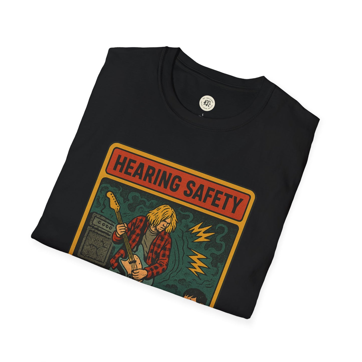 Black nirvana retro safety shirt with vintage hearing safety graphic and musician illustration