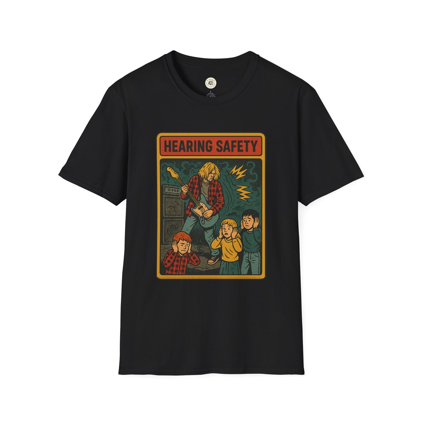 Black nirvana retro safety shirt featuring vintage cartoon graphic promoting hearing safety