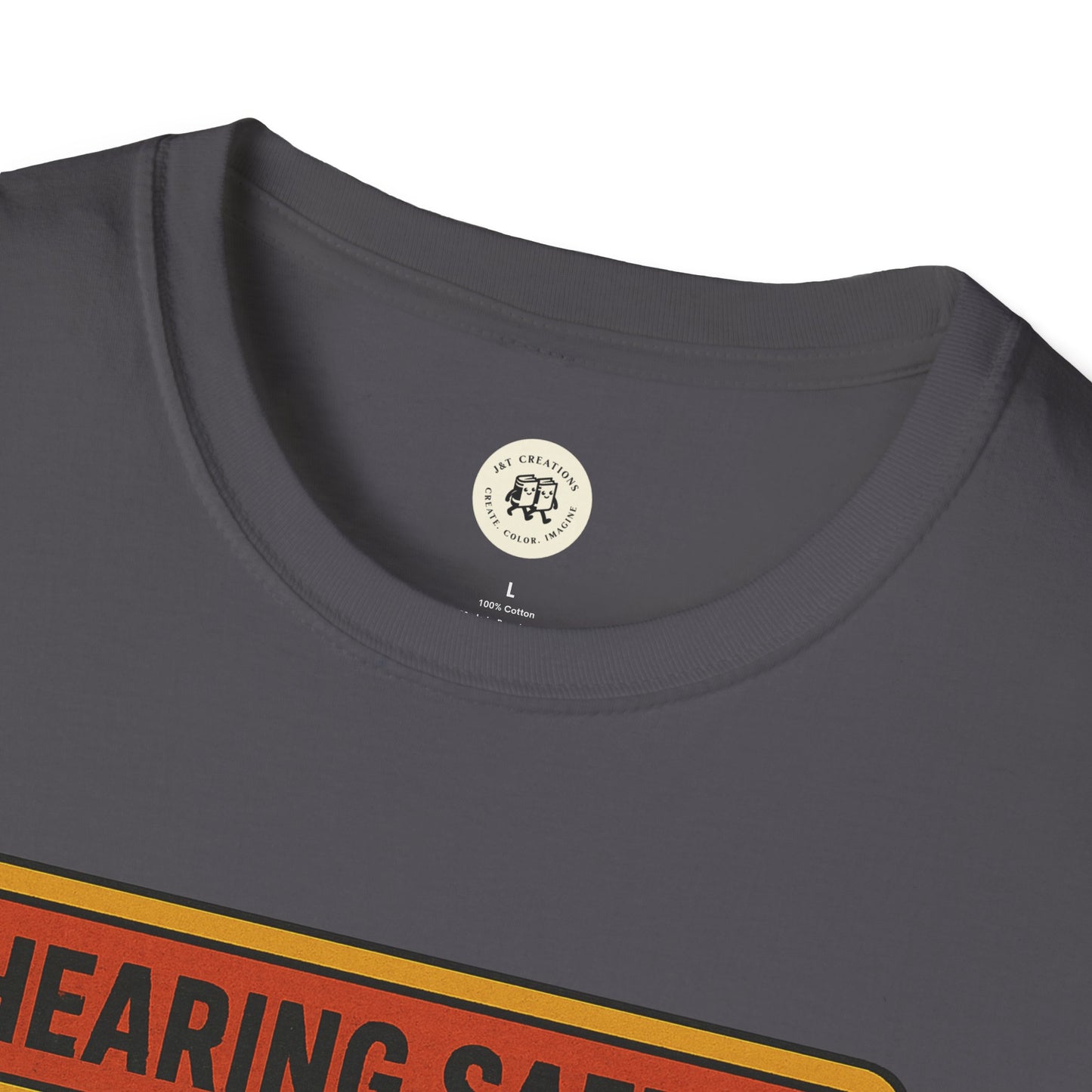 Close-up of Printify nirvana retro safety shirt showing dark gray fabric and round neck collar