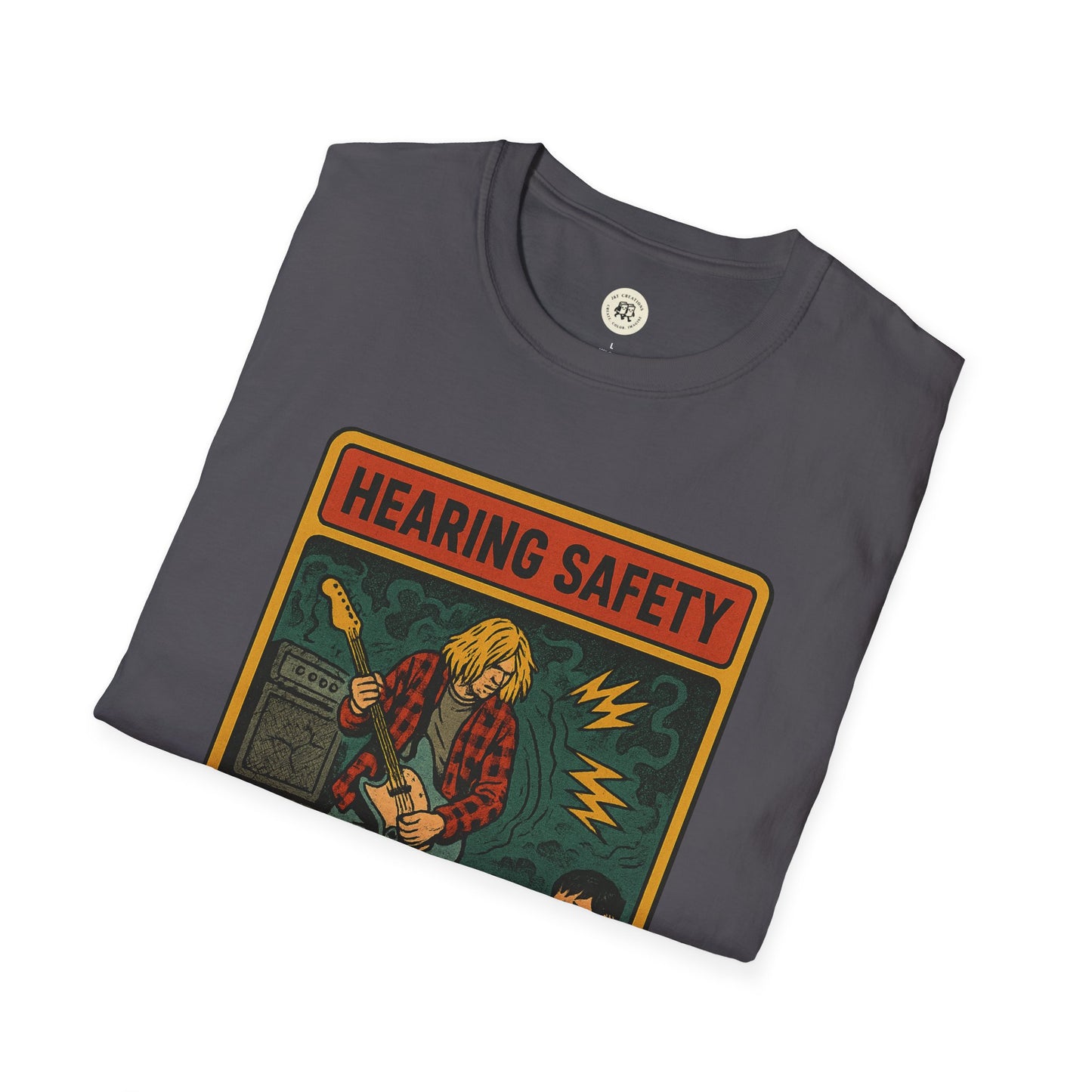 Folded gray nirvana retro safety shirt featuring vintage hearing safety graphic with guitarist
