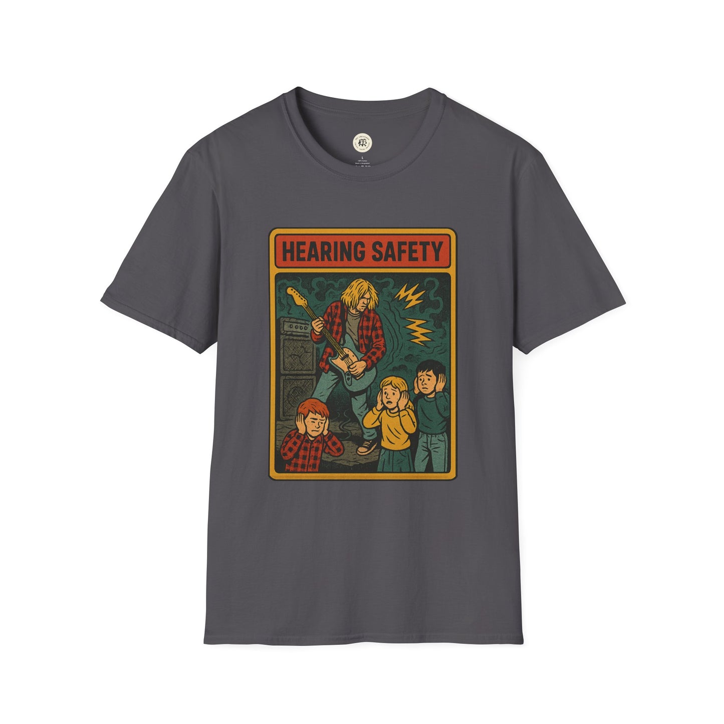 Nirvana retro safety shirt with vintage concert graphic on a gray Printify t-shirt