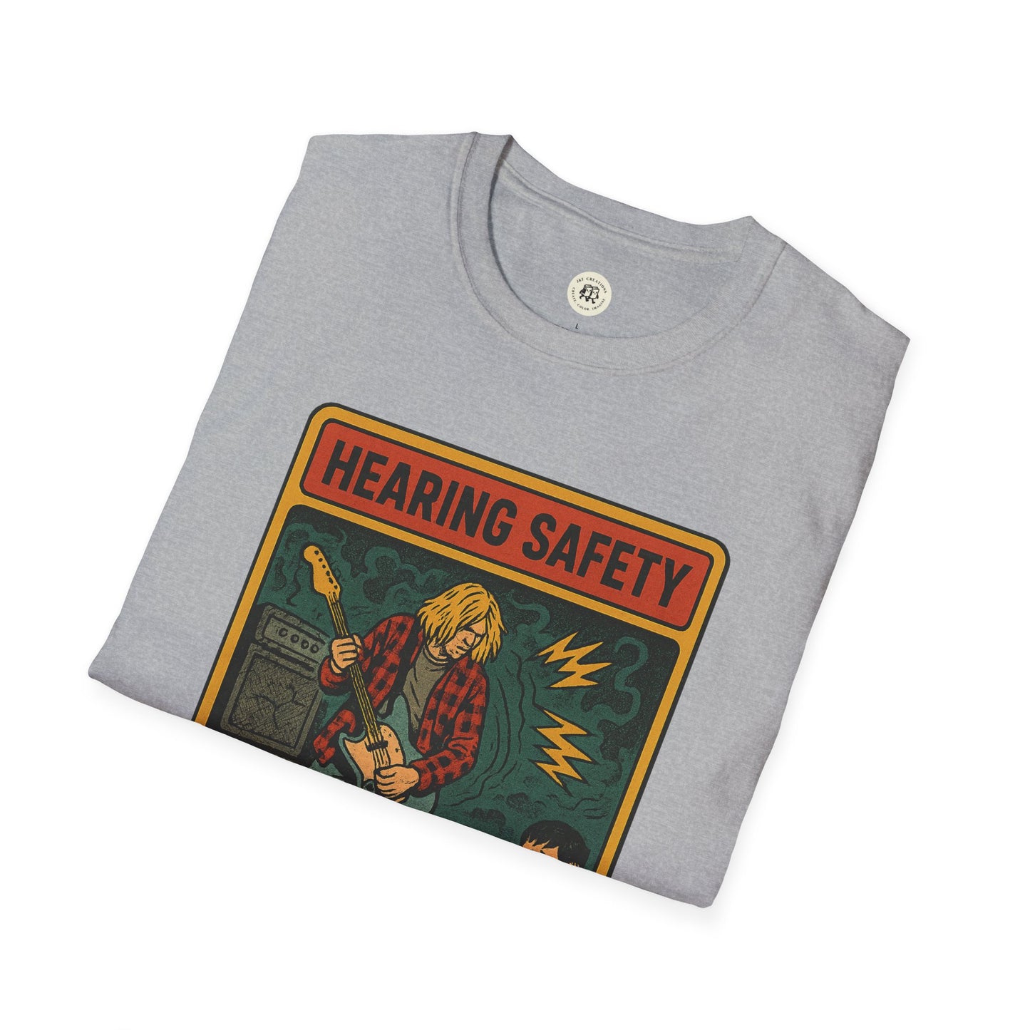 Gray Printify t-shirt featuring nirvana retro safety shirt graphic with musician and hearing safety design