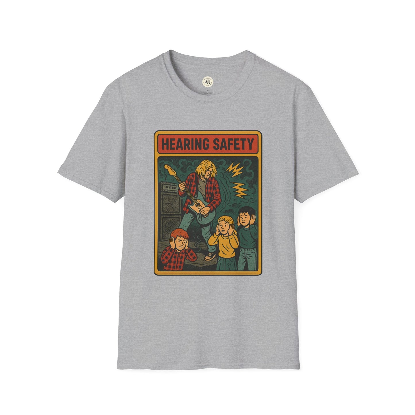 Gray Printify t-shirt featuring a nirvana retro safety shirt design with hearing safety graphic