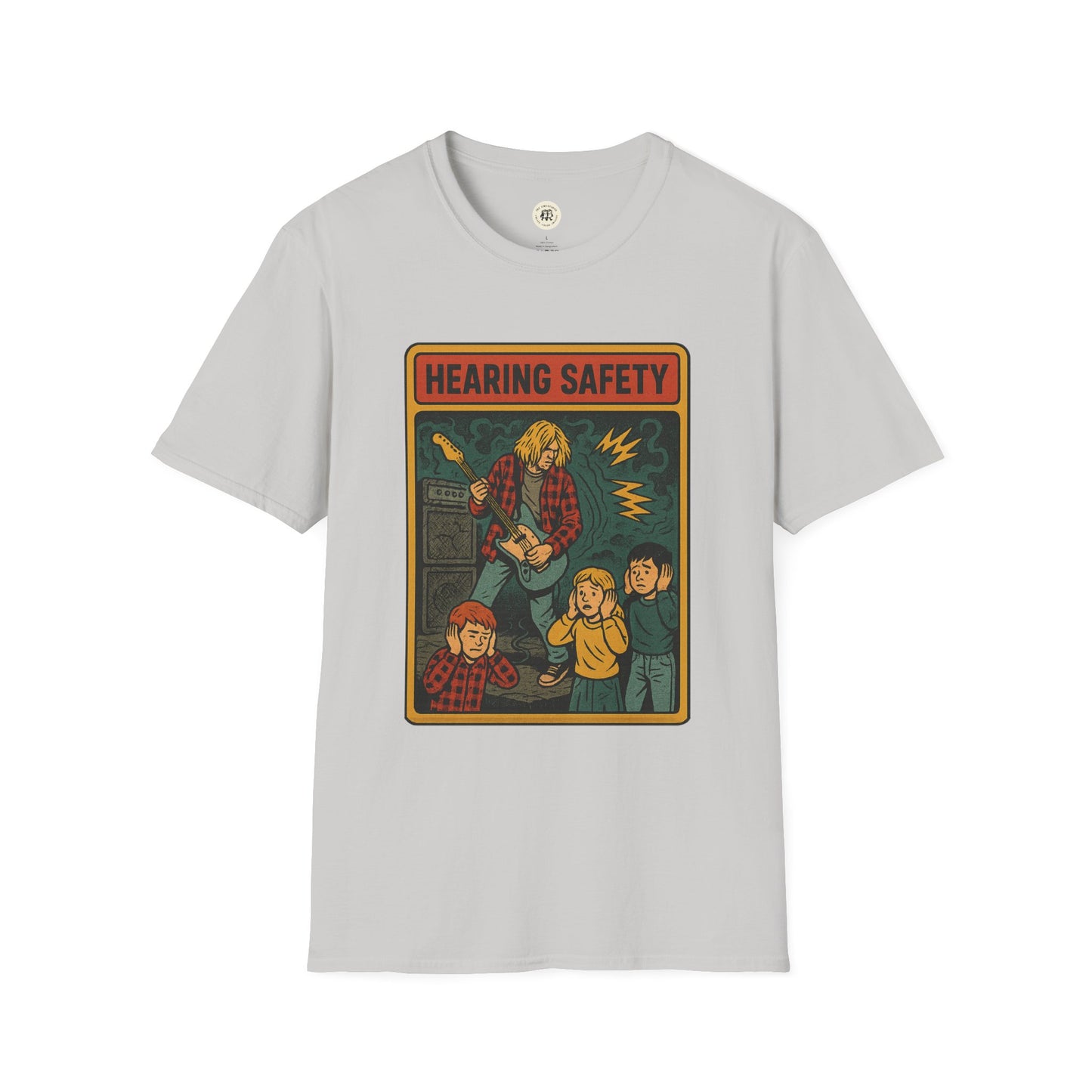 Printify gray nirvana retro safety shirt featuring vintage hearing safety graphic with guitarist and covering ears