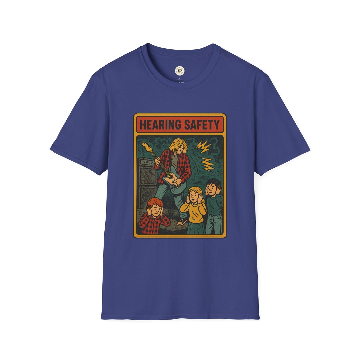 nirvana retro safety shirt navy blue with vintage hearing safety graphic and cartoon characters