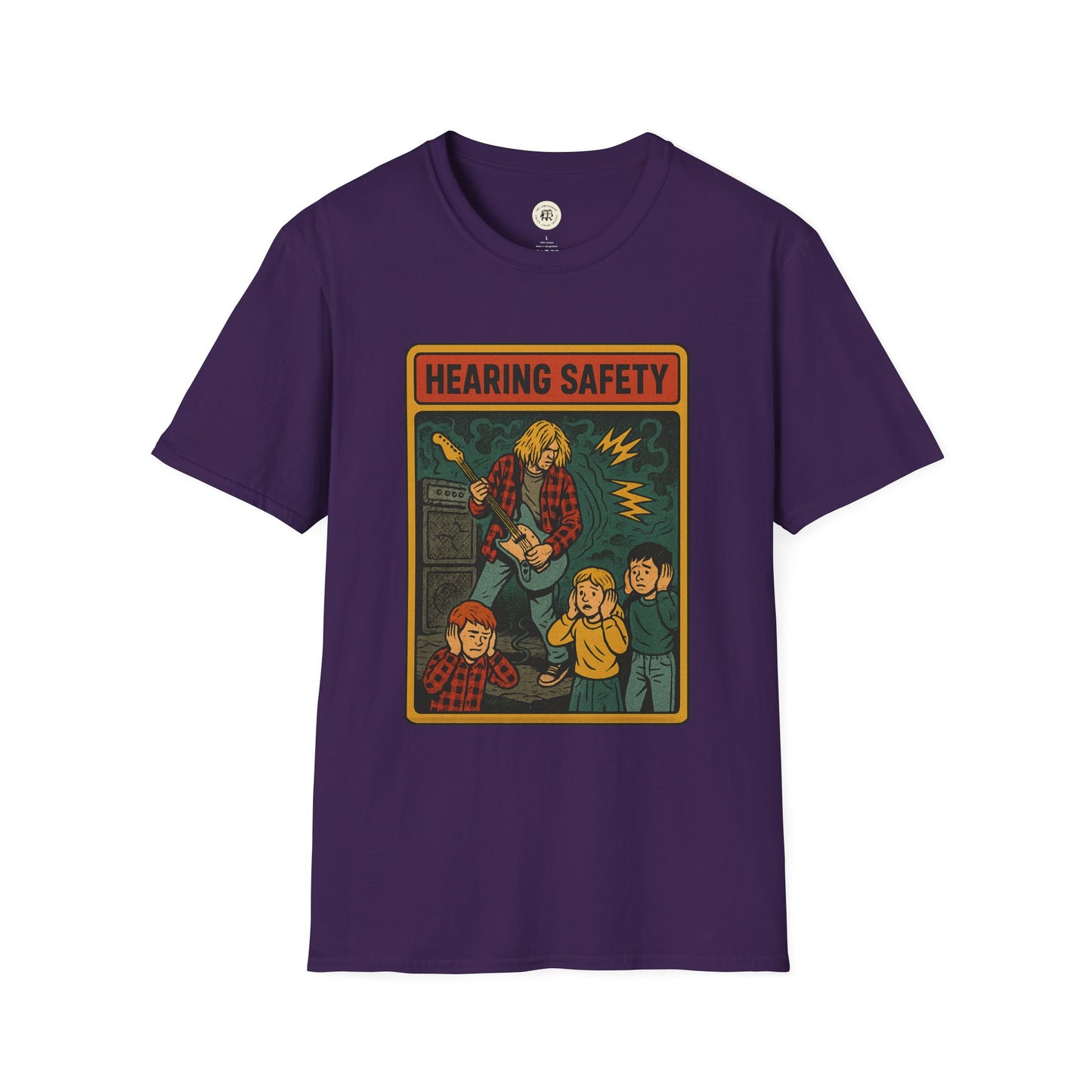 Purple nirvana retro safety shirt with vintage hearing safety graphic and band illustration