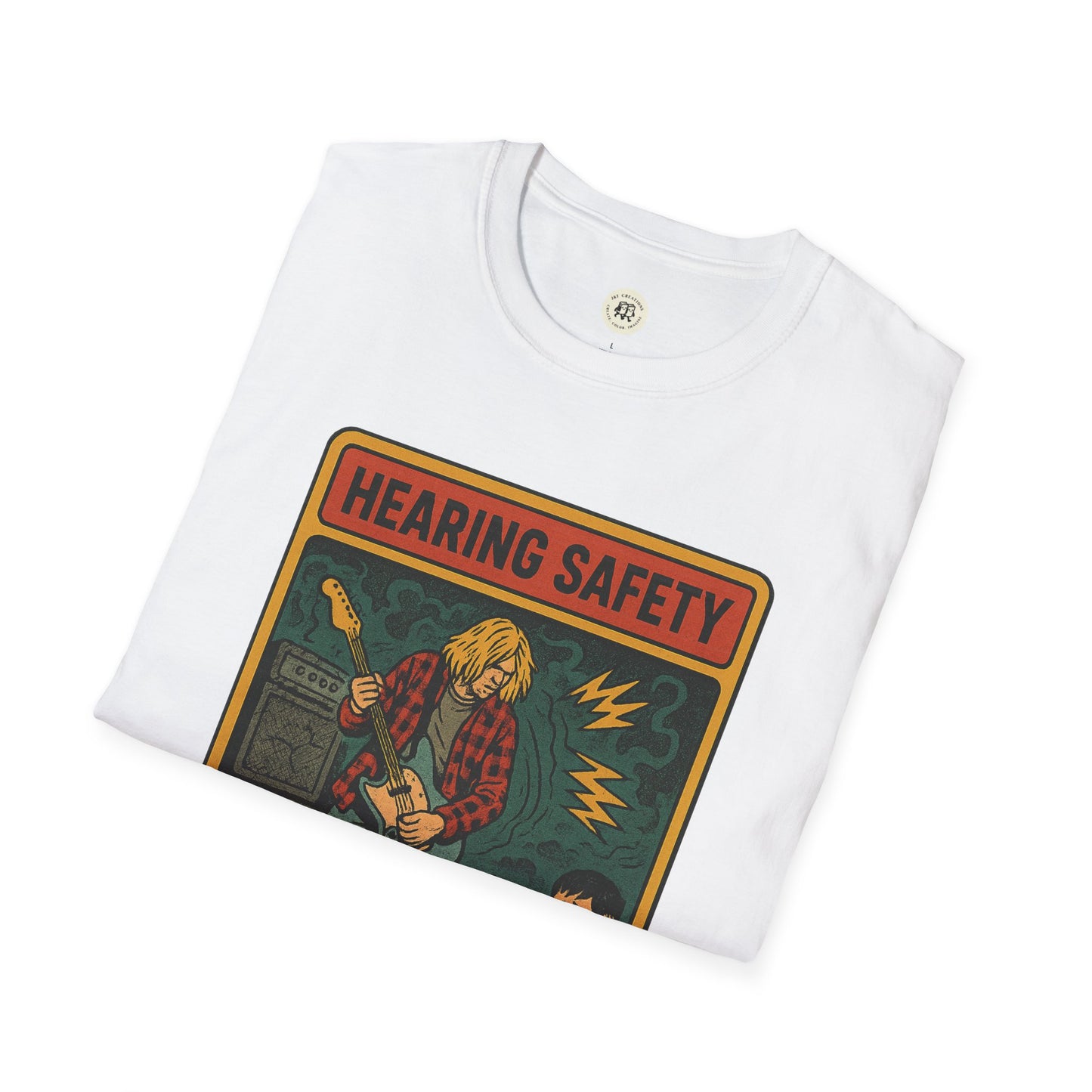 White nirvana retro safety shirt by Printify featuring a graphic of a guitarist with hearing safety text