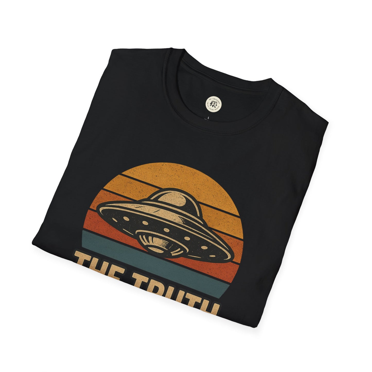 Black Printify retro UFO t-shirt with vintage flying saucer design and retro color stripes