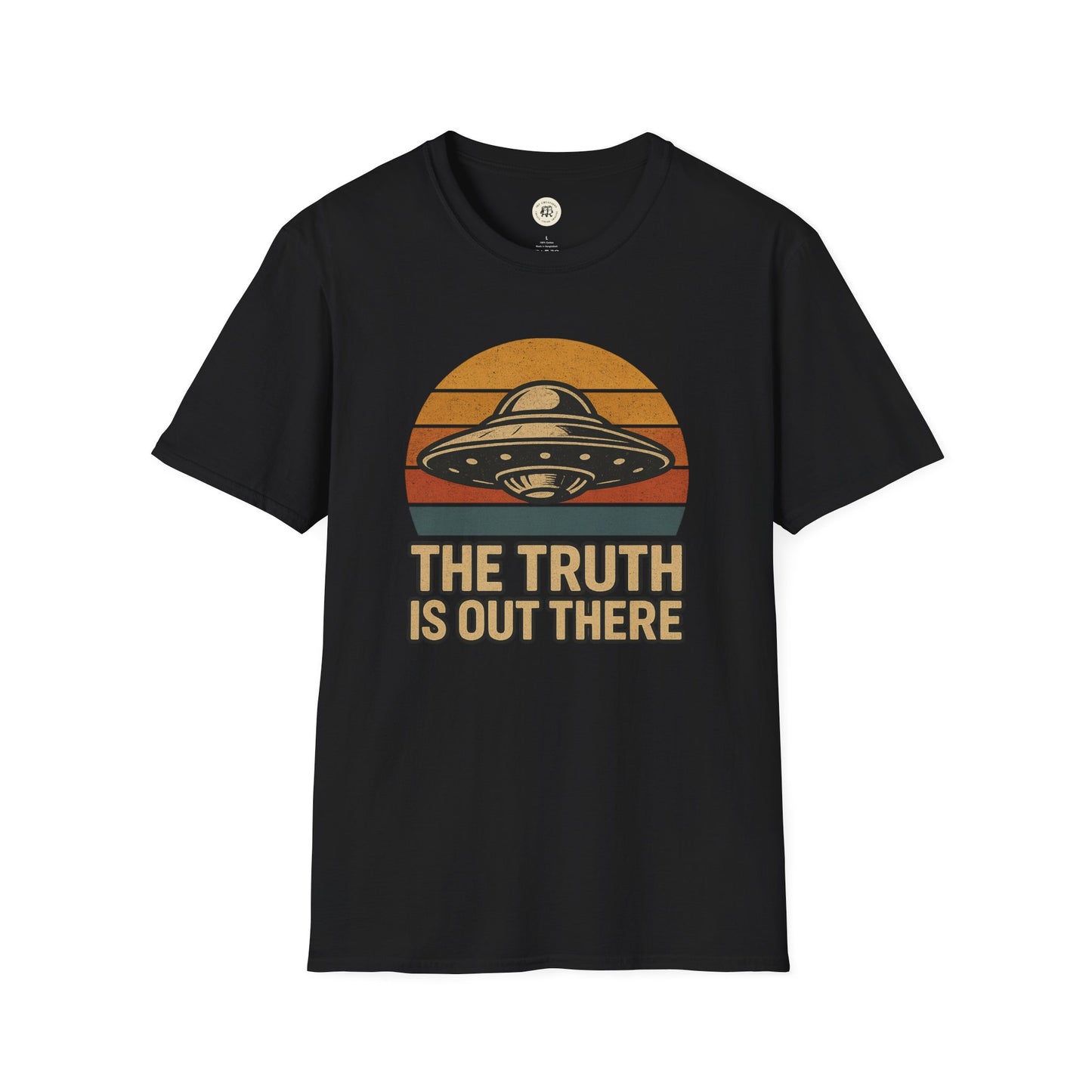Black Printify retro UFO t-shirt with vintage UFO graphic and The Truth Is Out There text