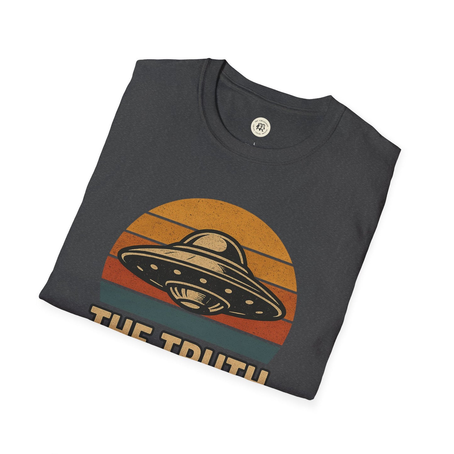 Printify retro UFO t-shirt with vintage spaceship design and sunset stripes on dark fabric
