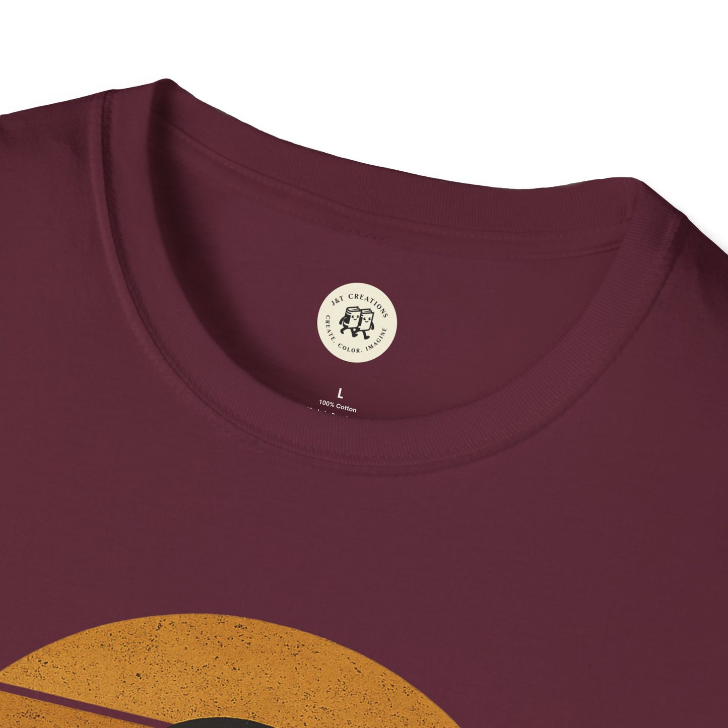 Close-up of maroon Printify retro UFO t-shirt showing collar and part of vintage UFO graphic