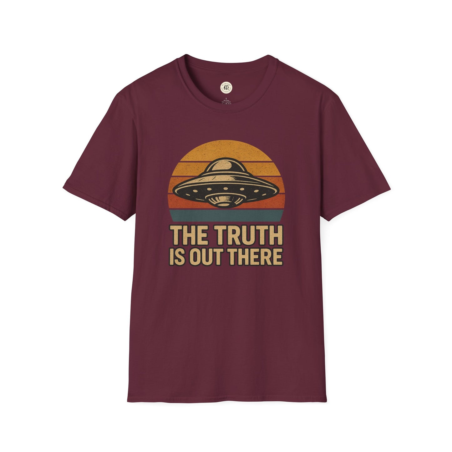 Maroon retro UFO t-shirt from Printify featuring a vintage UFO graphic with The Truth Is Out There text