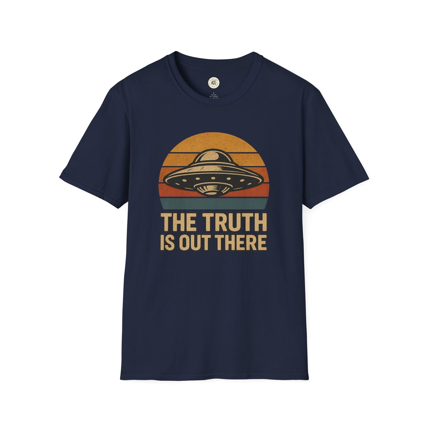 Navy Printify retro UFO t-shirt with vintage spaceship graphic and The Truth Is Out There text