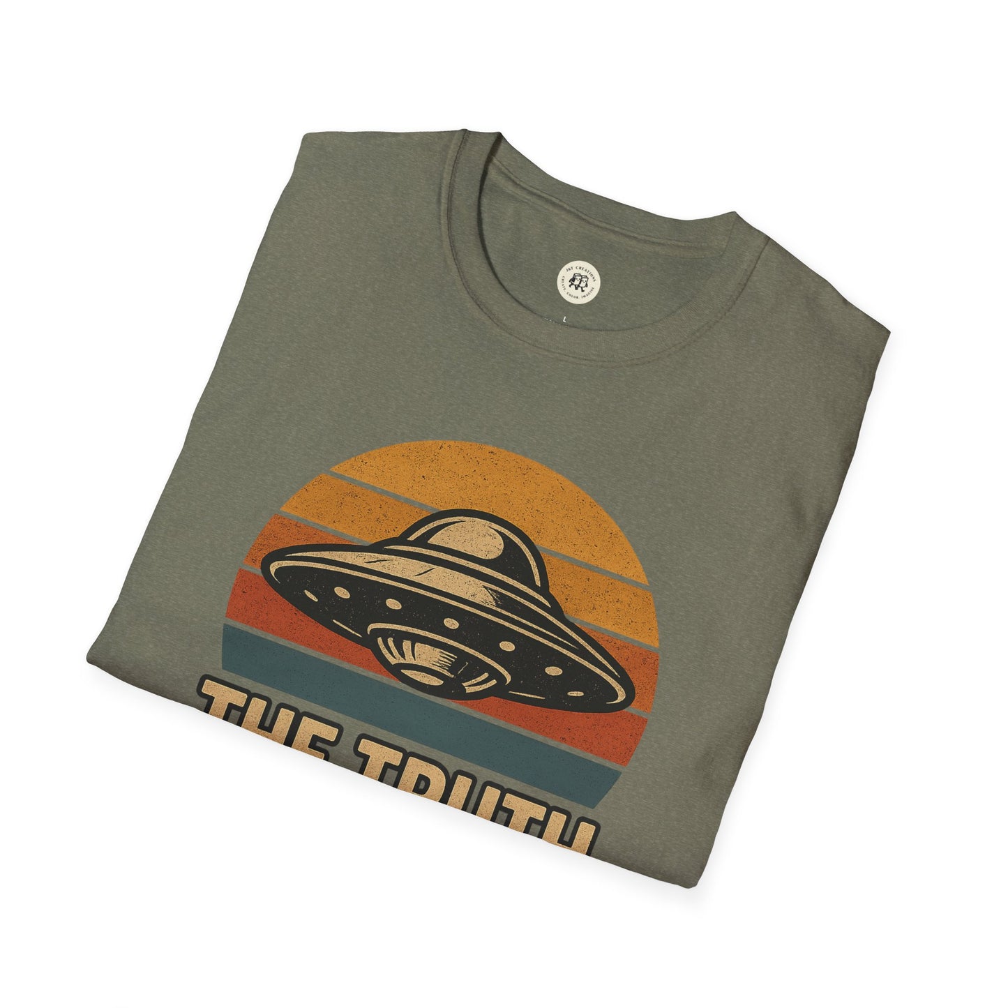 Printify retro UFO t-shirt with vintage style spaceship and sunset graphic on olive green fabric