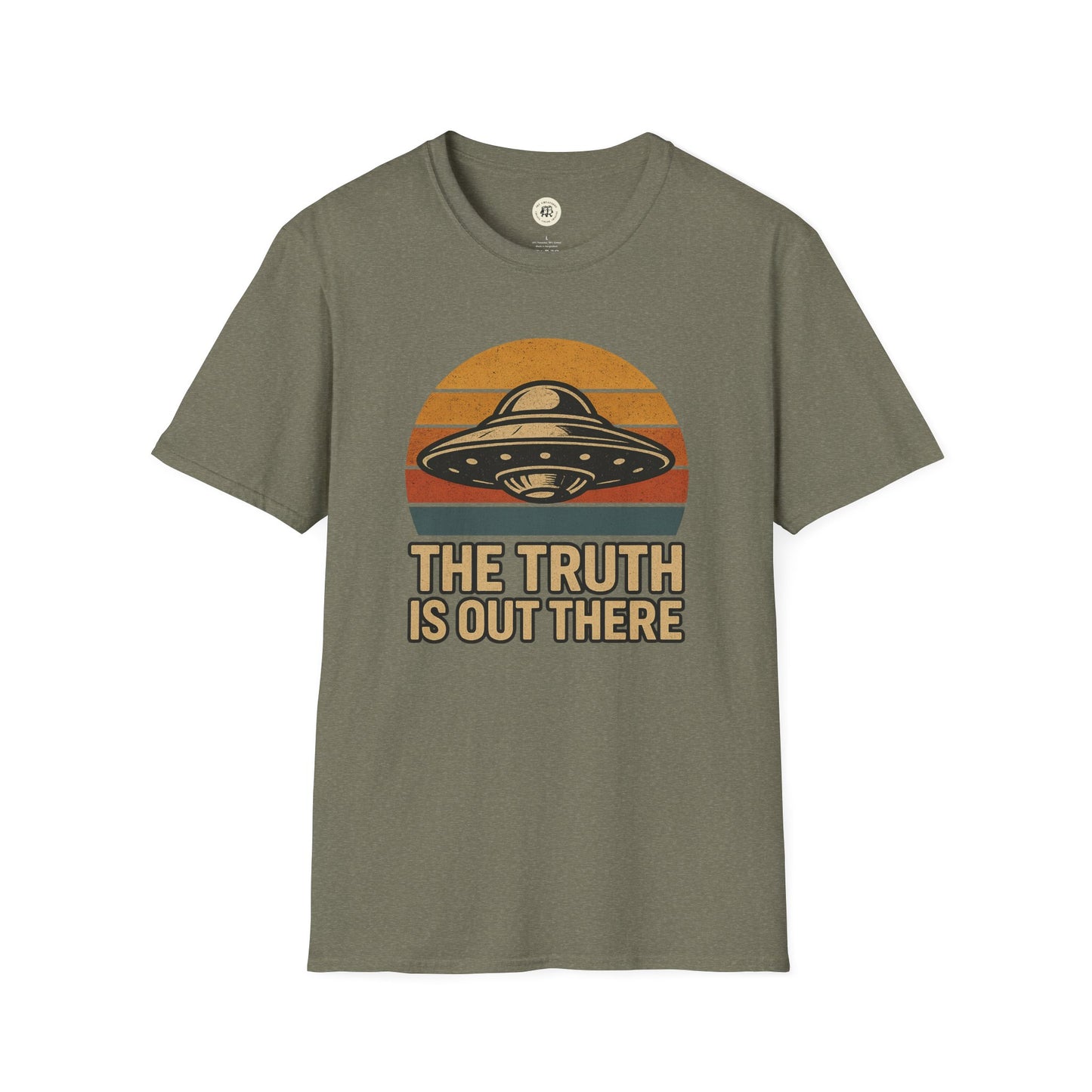 Printify retro UFO t-shirt in olive green featuring vintage UFO graphic and The Truth Is Out There text
