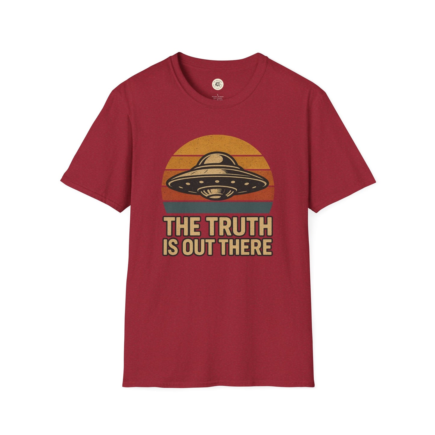 Printify retro UFO t-shirt in red featuring a vintage spaceship and the text The Truth Is Out There