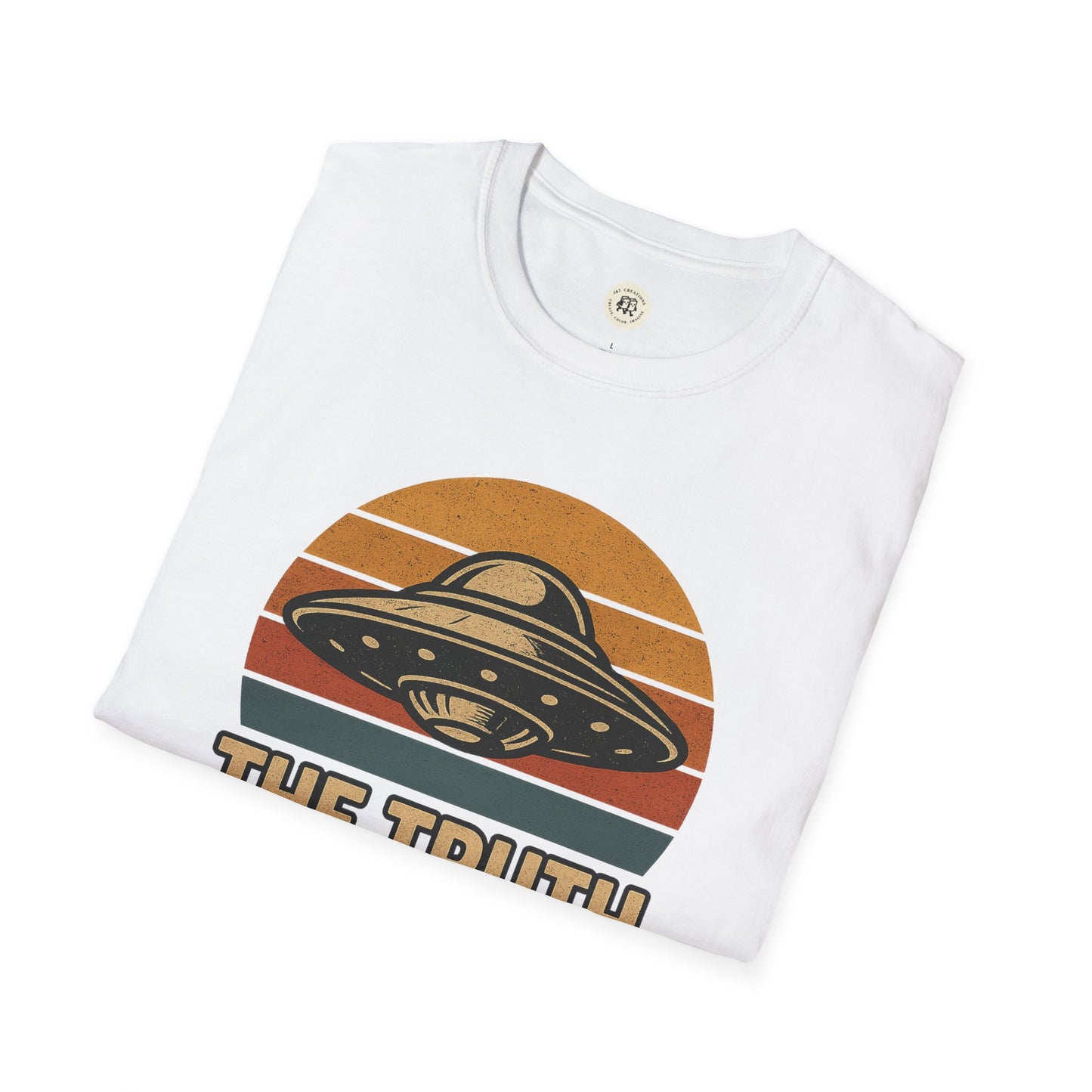 White Printify retro UFO t-shirt with vintage-style UFO graphic and The Truth text