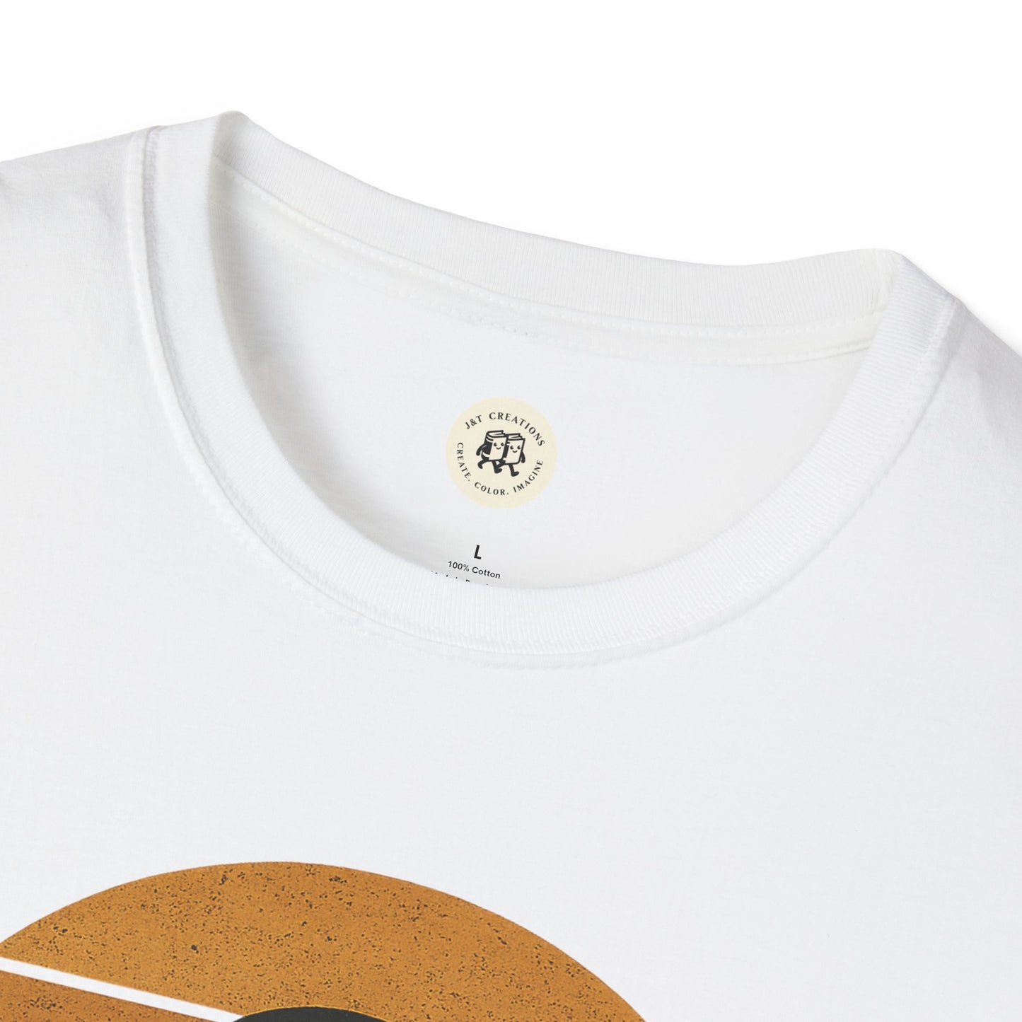 Close-up of Printify white retro UFO t-shirt showing collar and part of vintage-style UFO graphic