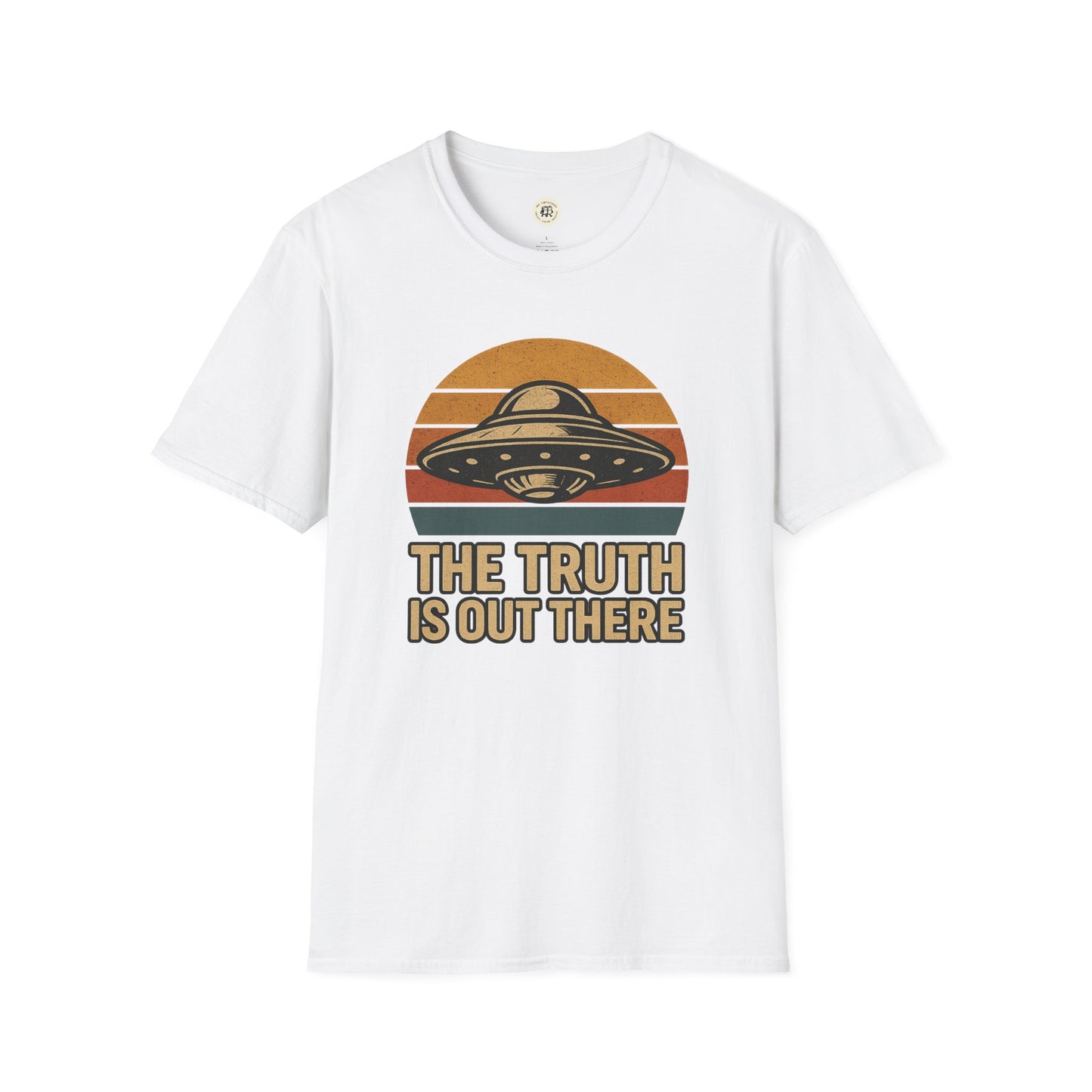 White Printify retro UFO t-shirt with vintage flying saucer and The Truth Is Out There text