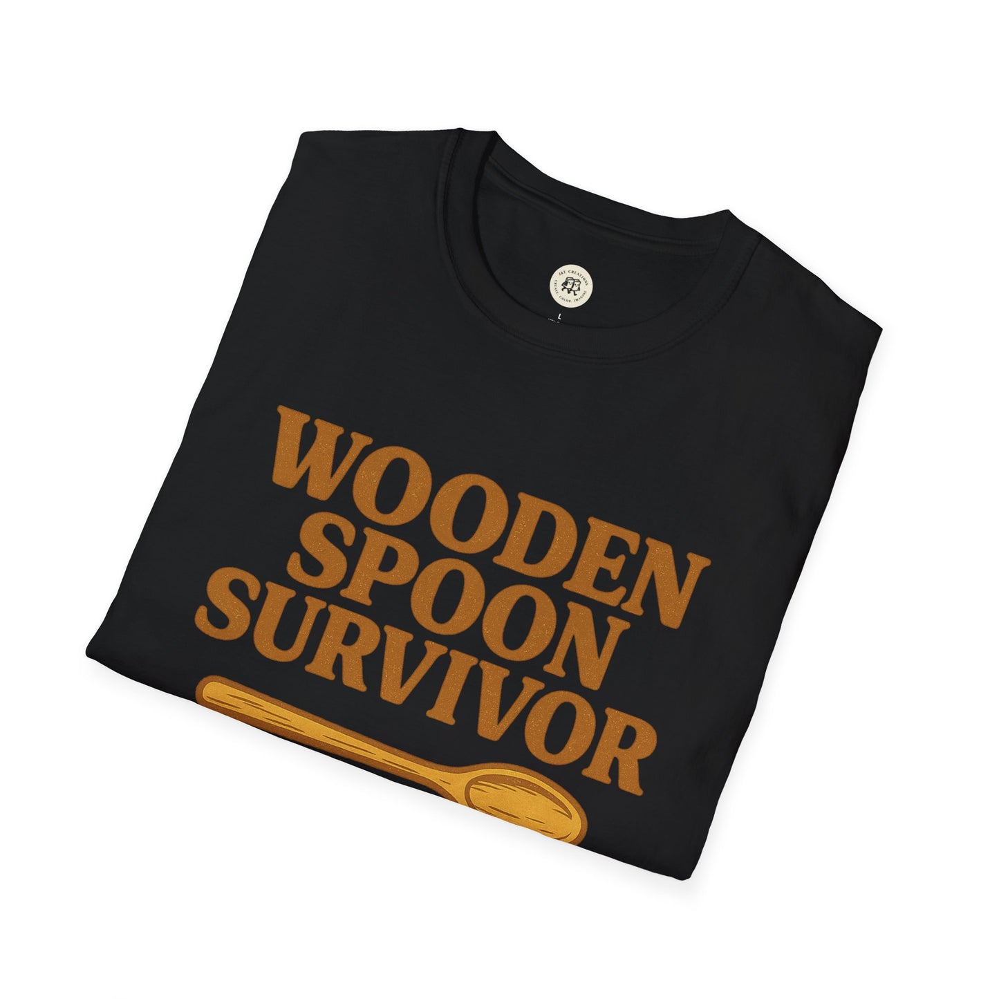 Black wooden spoon survivor t-shirt with bold brown text and wooden spoon graphic folded neatly