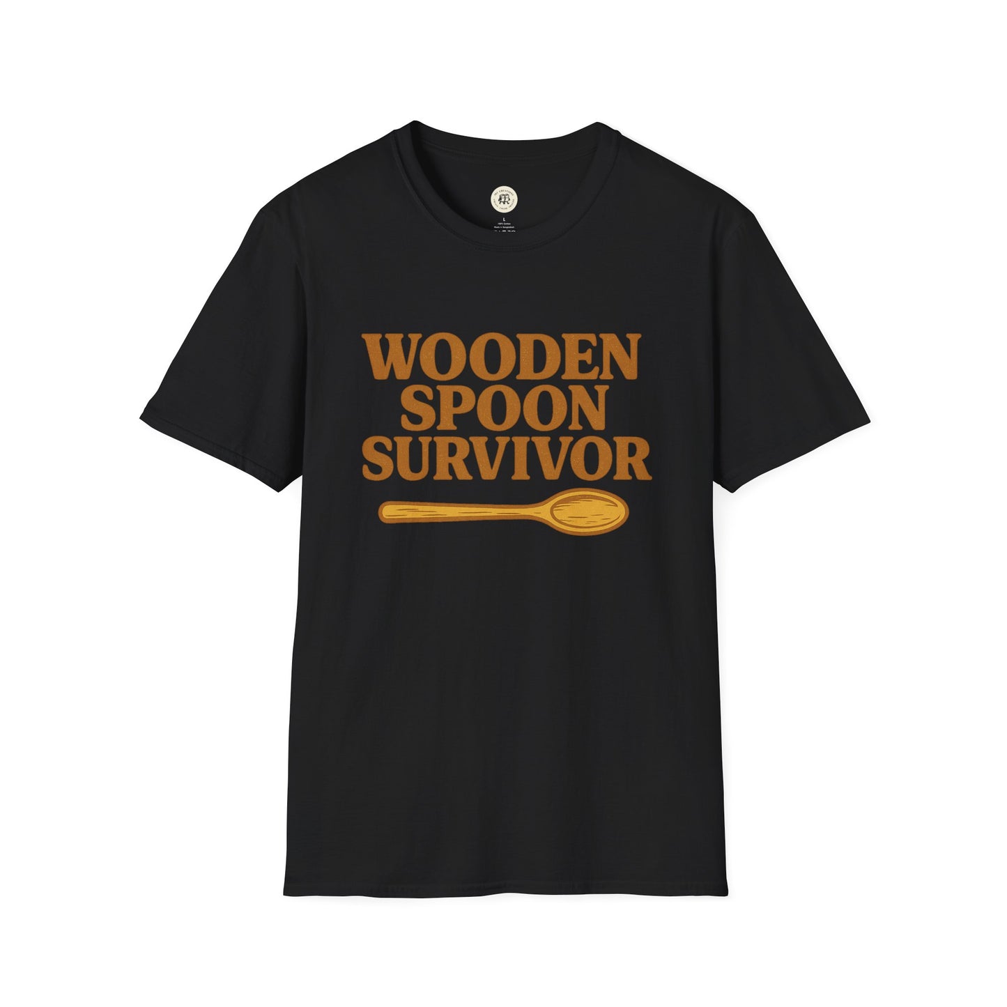Black Printify t-shirt with wooden spoon survivor t-shirt text and wooden spoon graphic