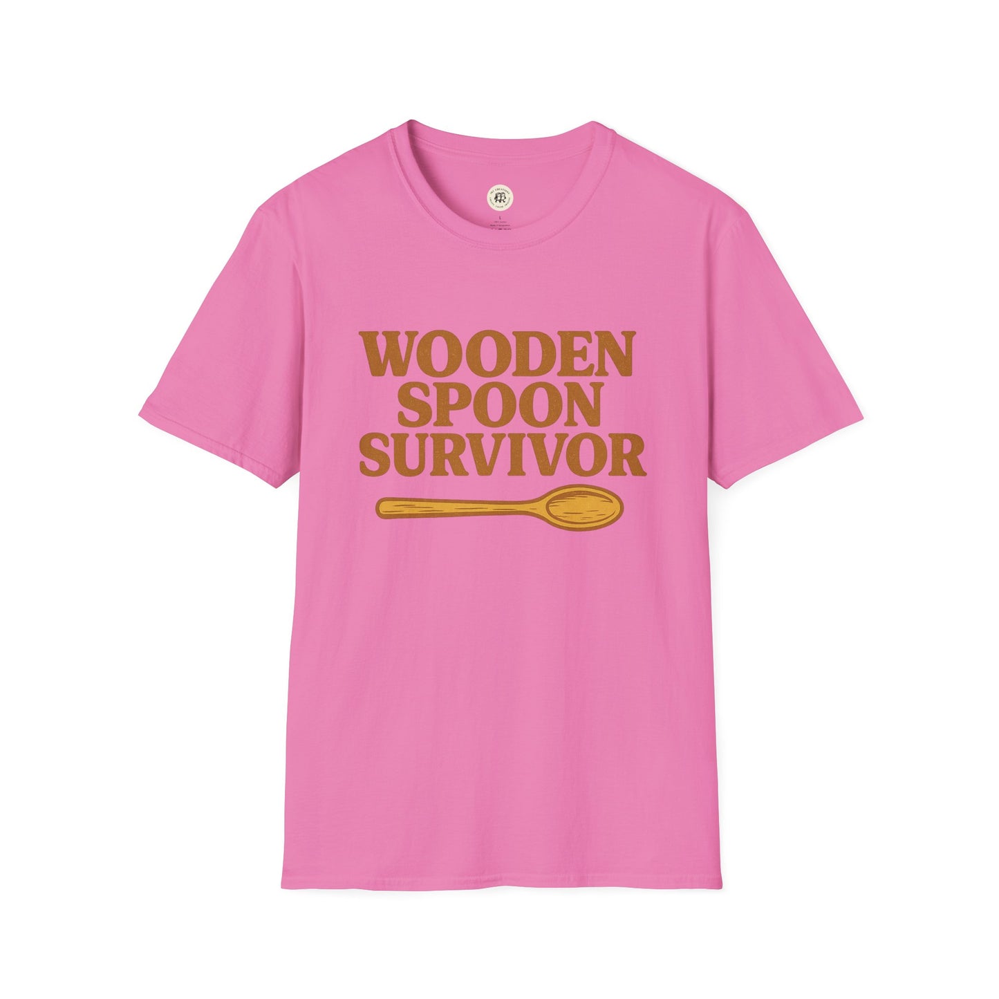 Pink Printify wooden spoon survivor t-shirt with brown text and wooden spoon graphic