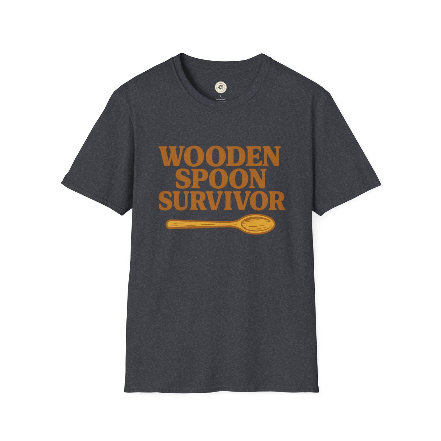 Black Printify t-shirt with wooden spoon survivor t-shirt text and wooden spoon graphic1