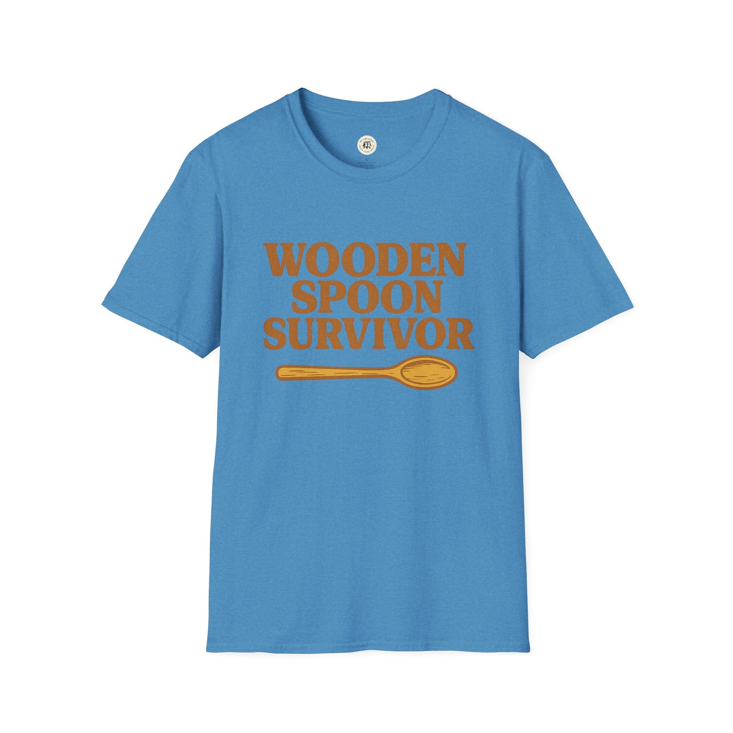 Blue Printify T-shirt with wooden spoon survivor t-shirt text and wooden spoon graphic