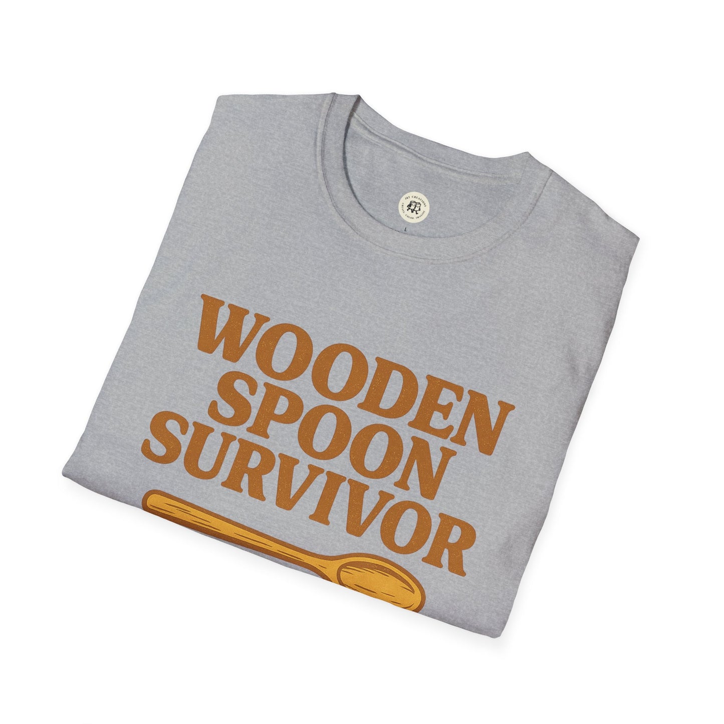 Gray Printify t-shirt featuring wooden spoon survivor t-shirt text and wooden spoon graphic