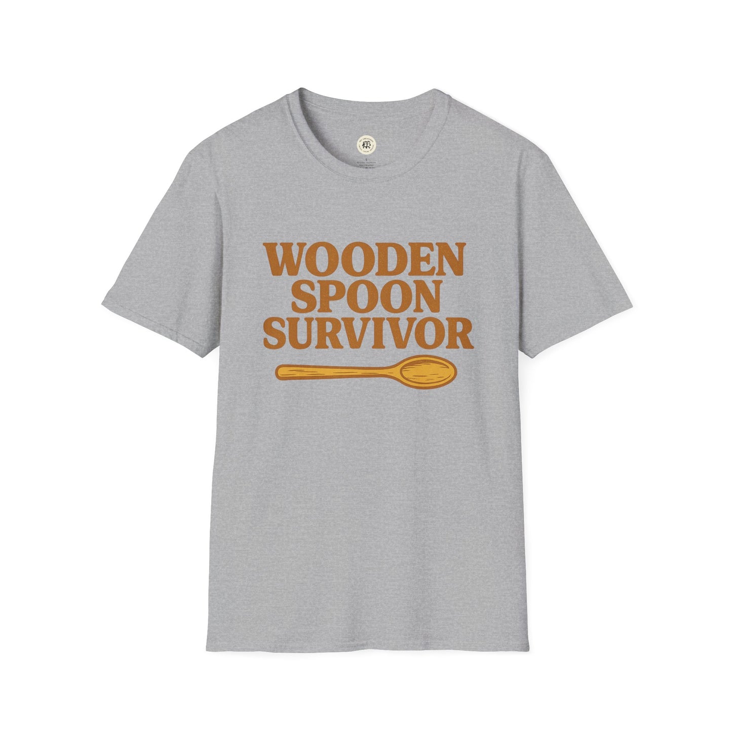Gray Printify T-shirt with wooden spoon survivor t-shirt text and spoon graphic