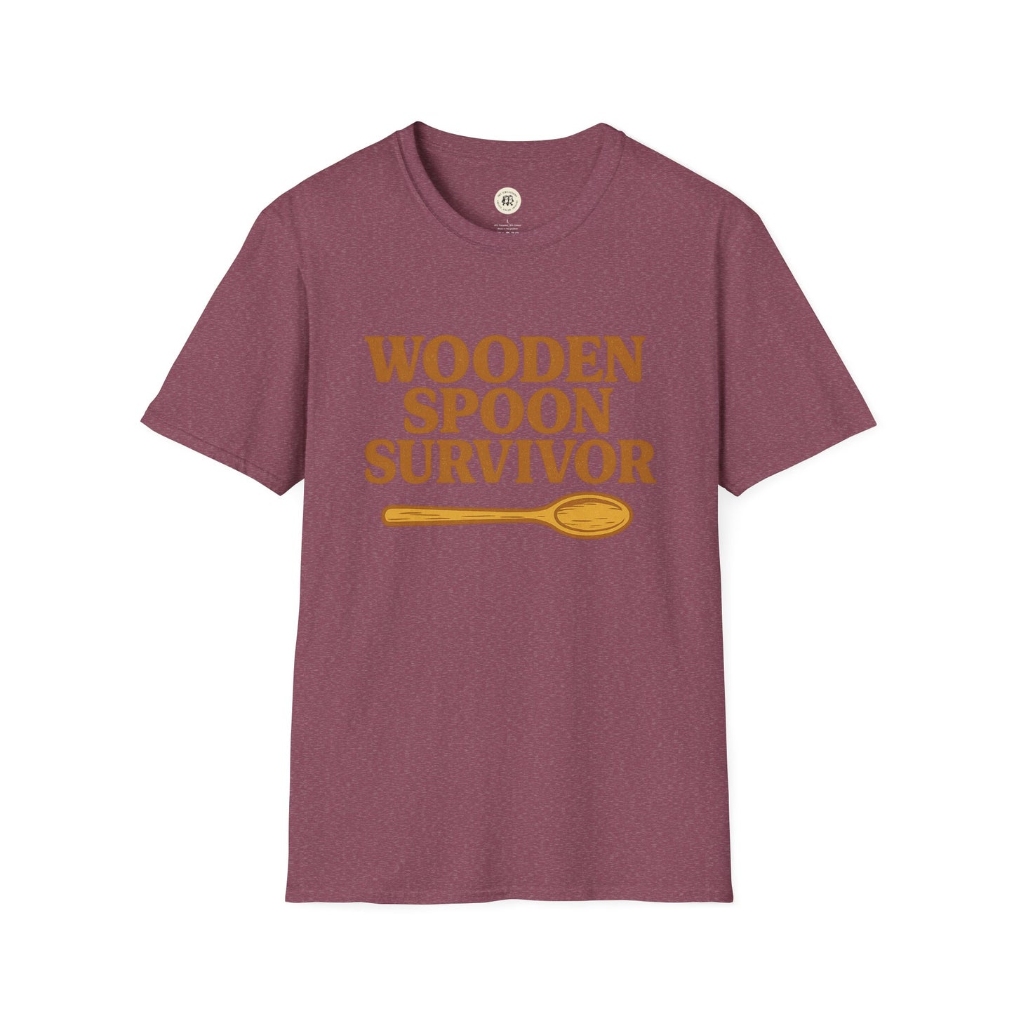 Printify wooden spoon survivor t-shirt in maroon with yellow text and spoon graphic
