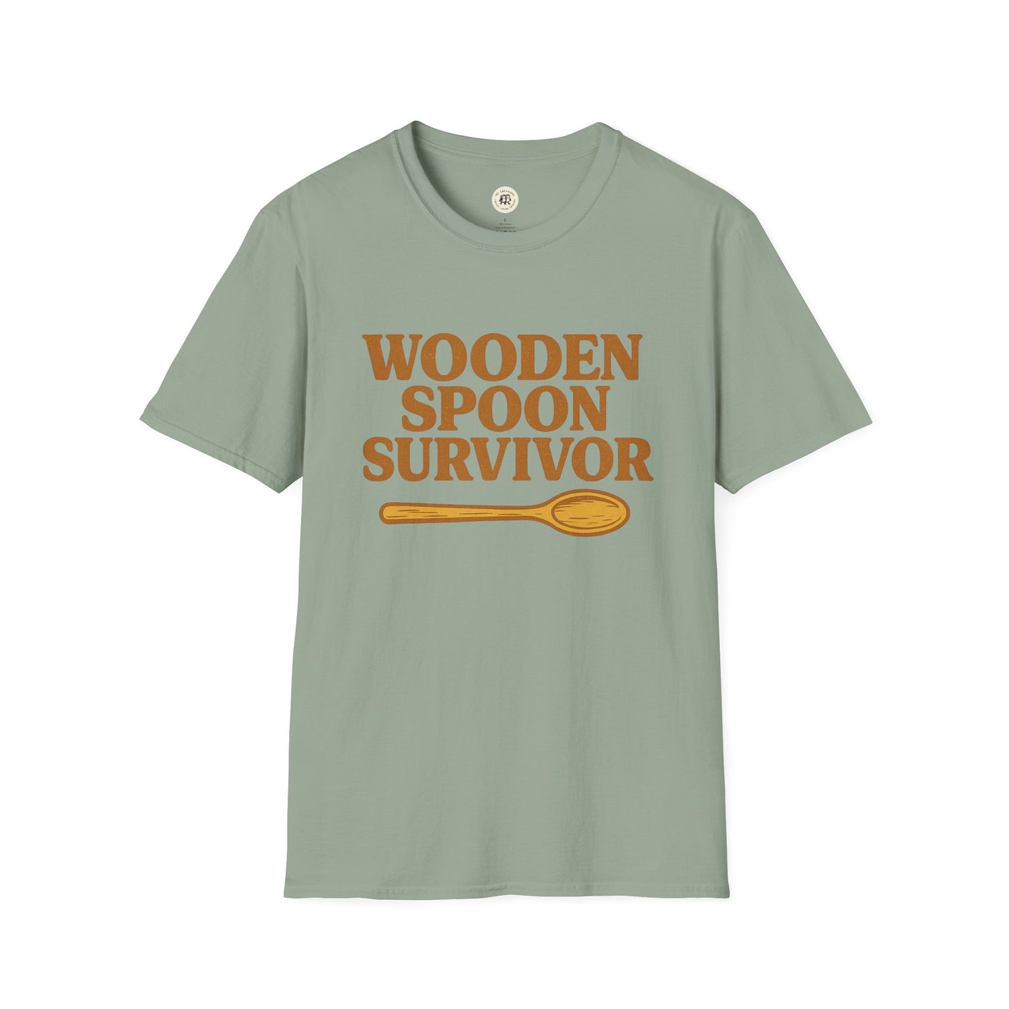 Printify wooden spoon survivor t-shirt in sage green with brown text and wooden spoon graphic