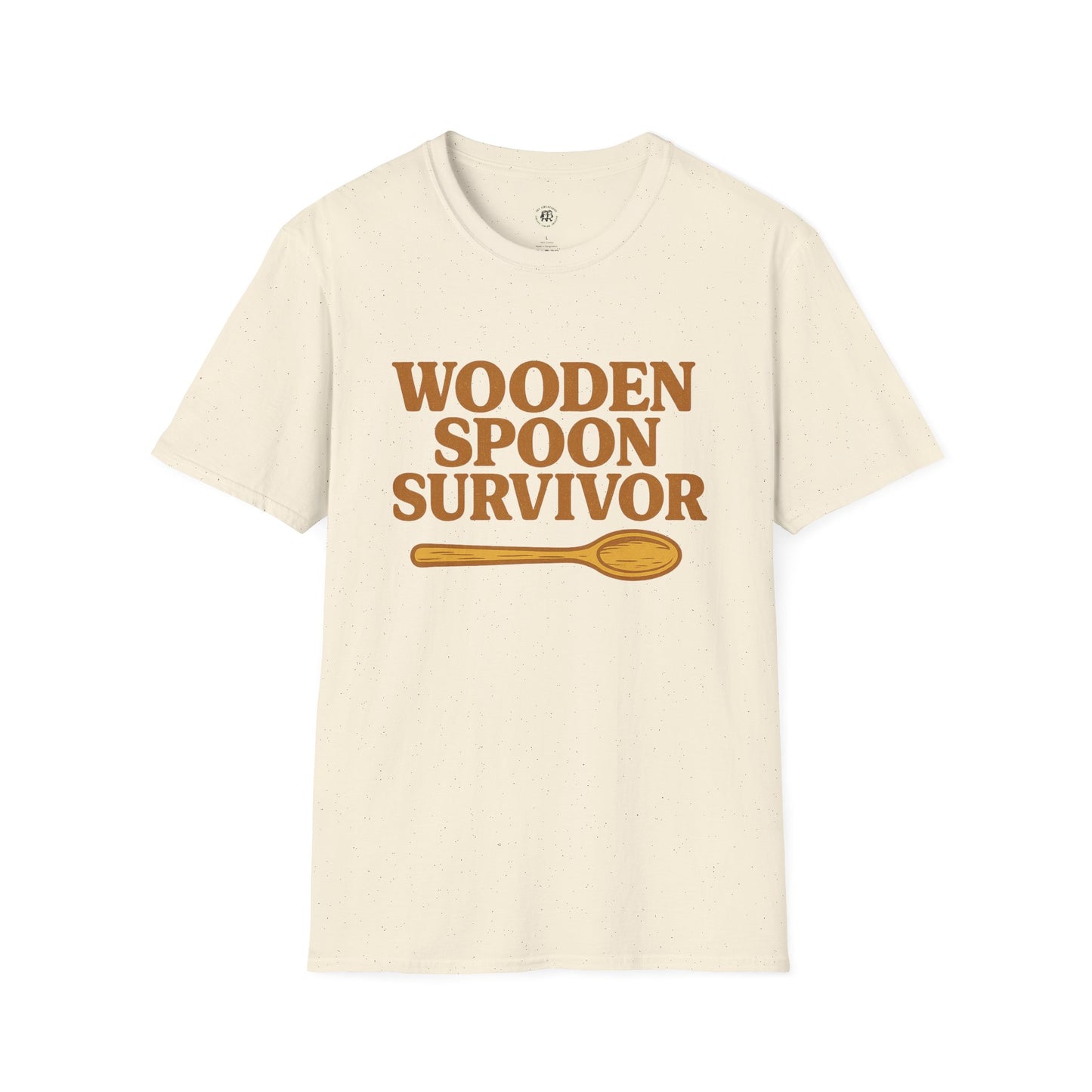 Printify beige wooden spoon survivor t-shirt with brown text and wooden spoon graphic