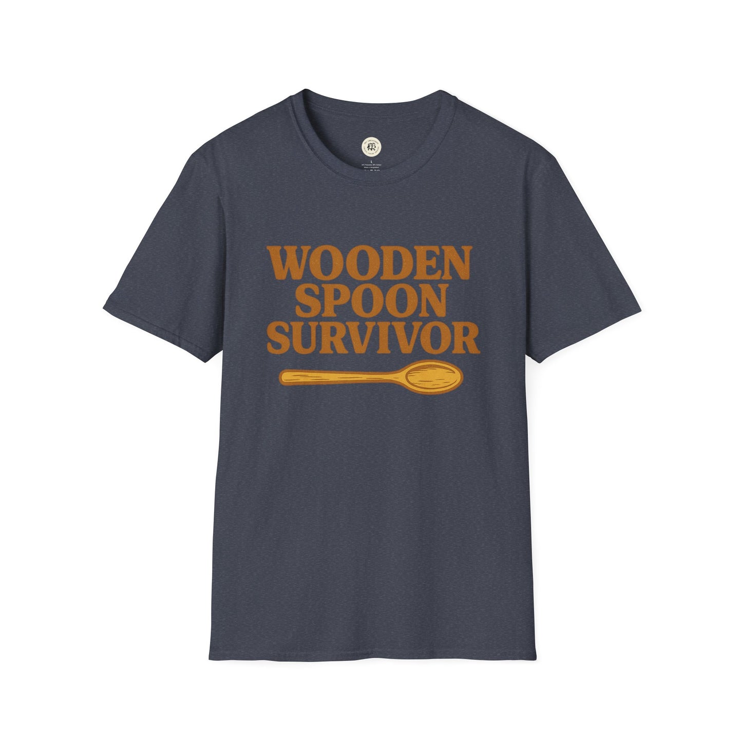 Printify wooden spoon survivor t-shirt in dark gray with orange text and wooden spoon graphic