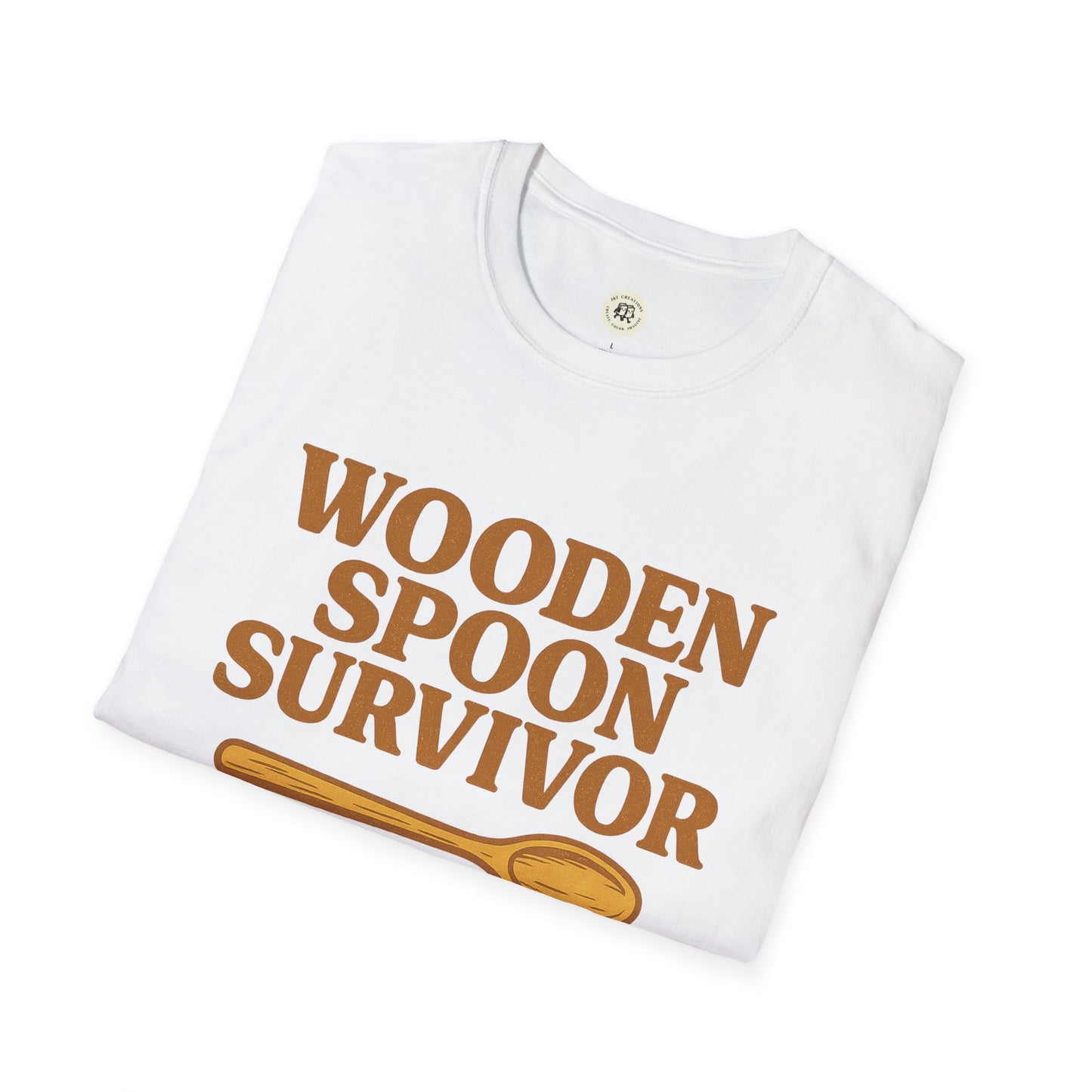 White wooden spoon survivor t-shirt with brown text and wooden spoon graphic folded flat