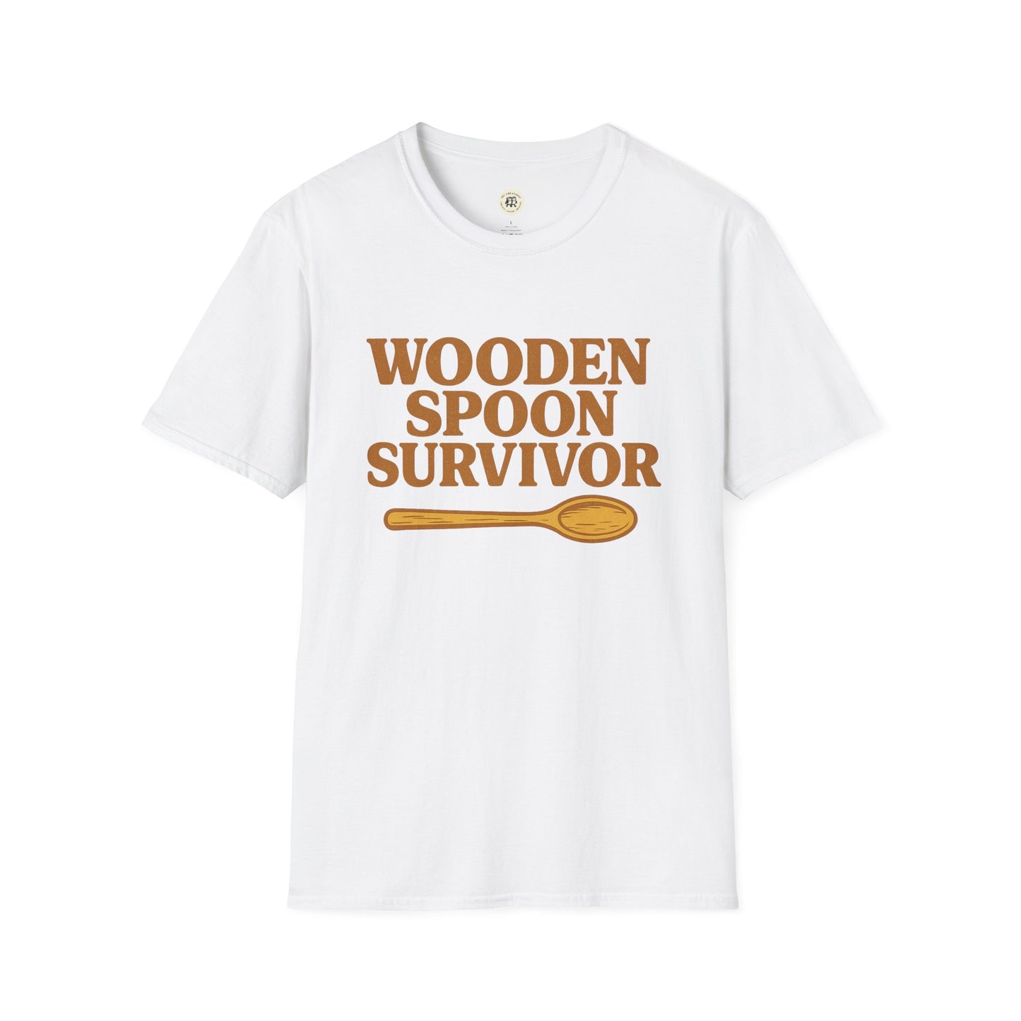 White wooden spoon survivor t-shirt with brown text and wooden spoon graphic by Printify