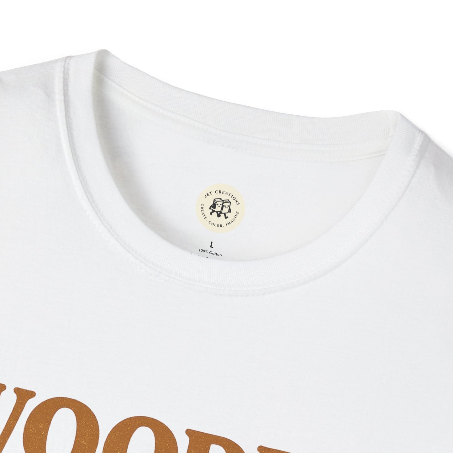 Close-up of white wooden spoon survivor t-shirt collar and partial text print by Printify