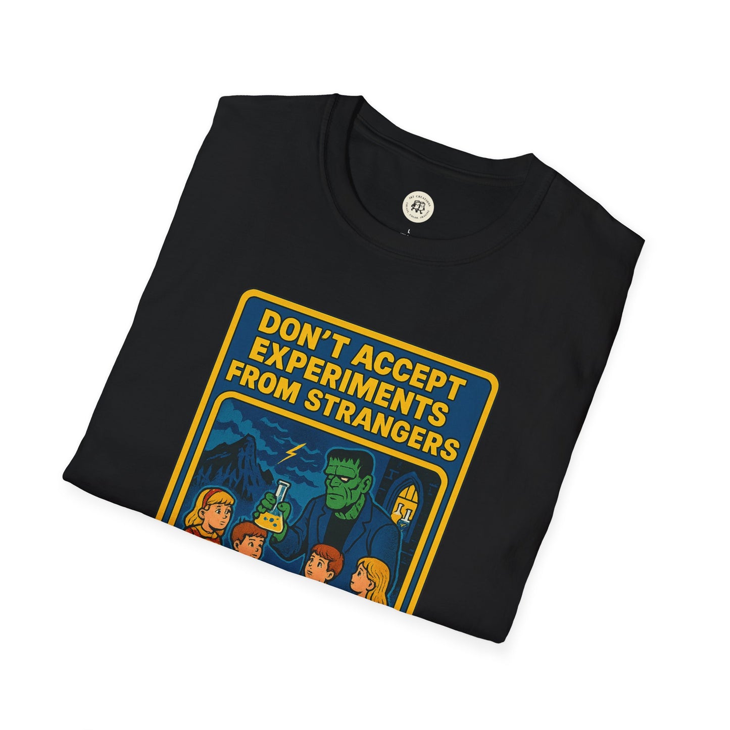 Black Printify T-shirt with Frankenstein safety shirt design and warning text Don't accept experiments from strangers