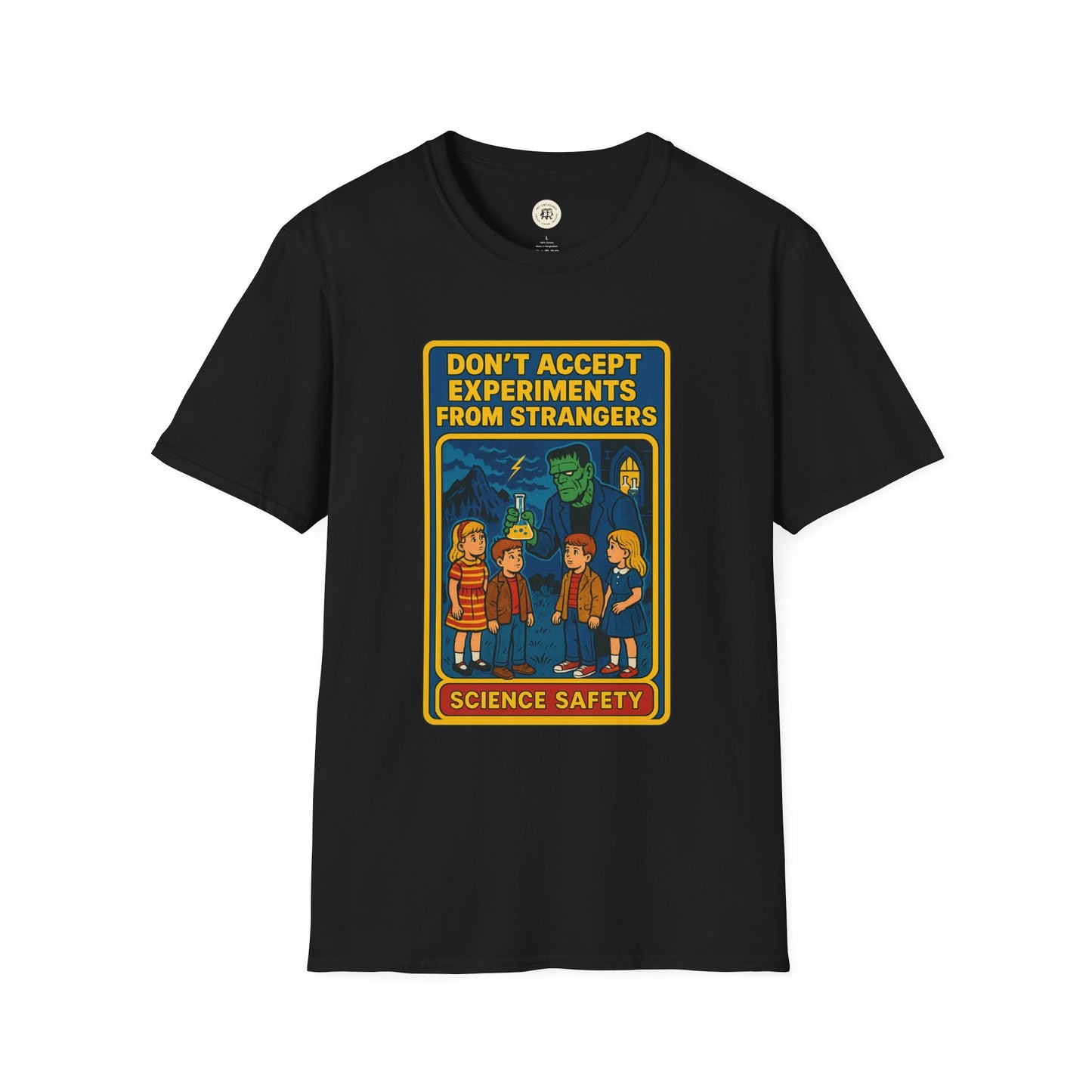 Black Printify Frankenstein safety shirt with cartoon science safety warning and characters