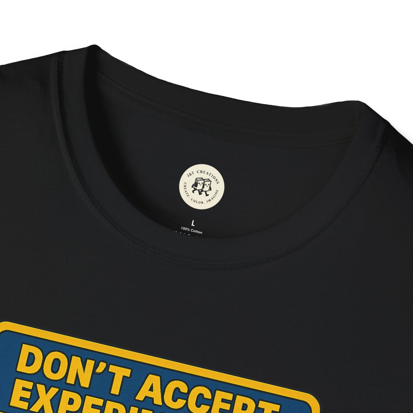 Black Frankenstein safety shirt by Printify with bold yellow and blue warning text design