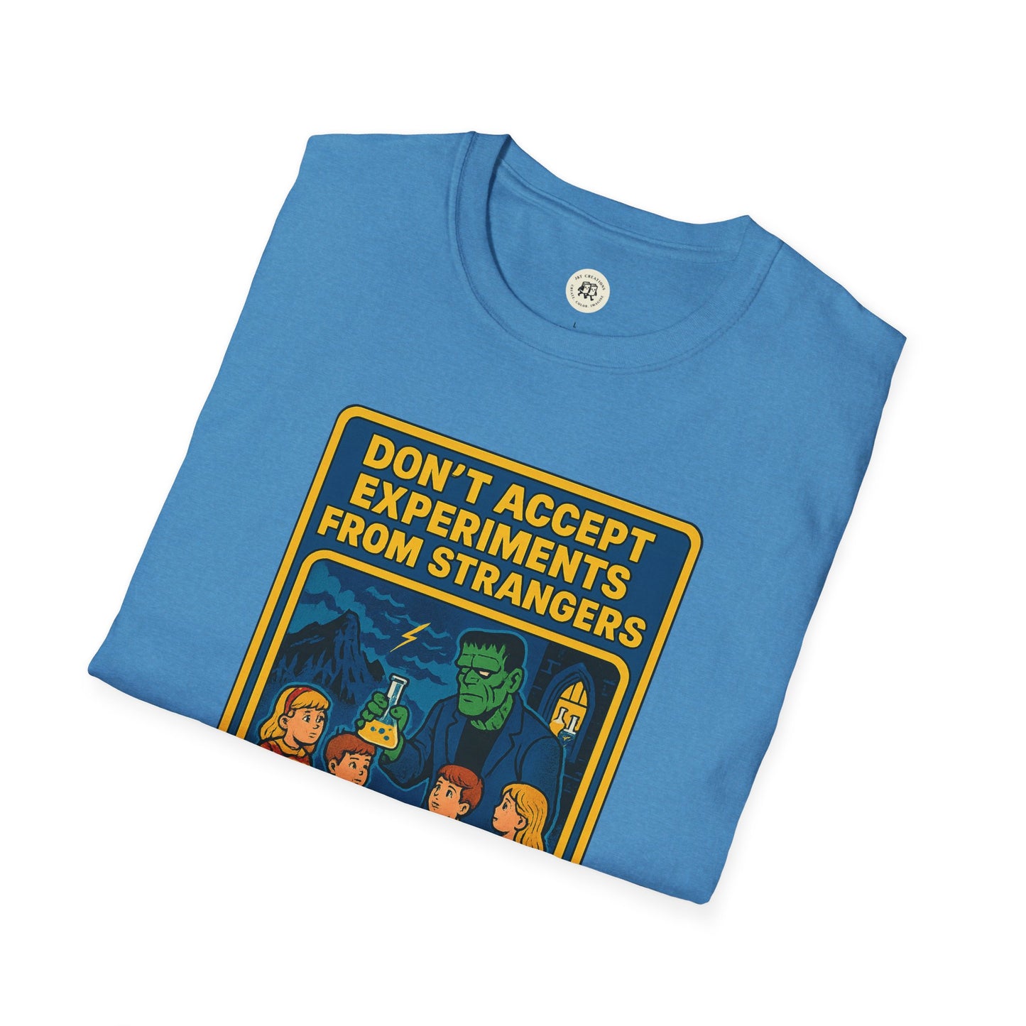 Blue Frankenstein safety shirt with cartoon graphic and text warning about experiments from strangers