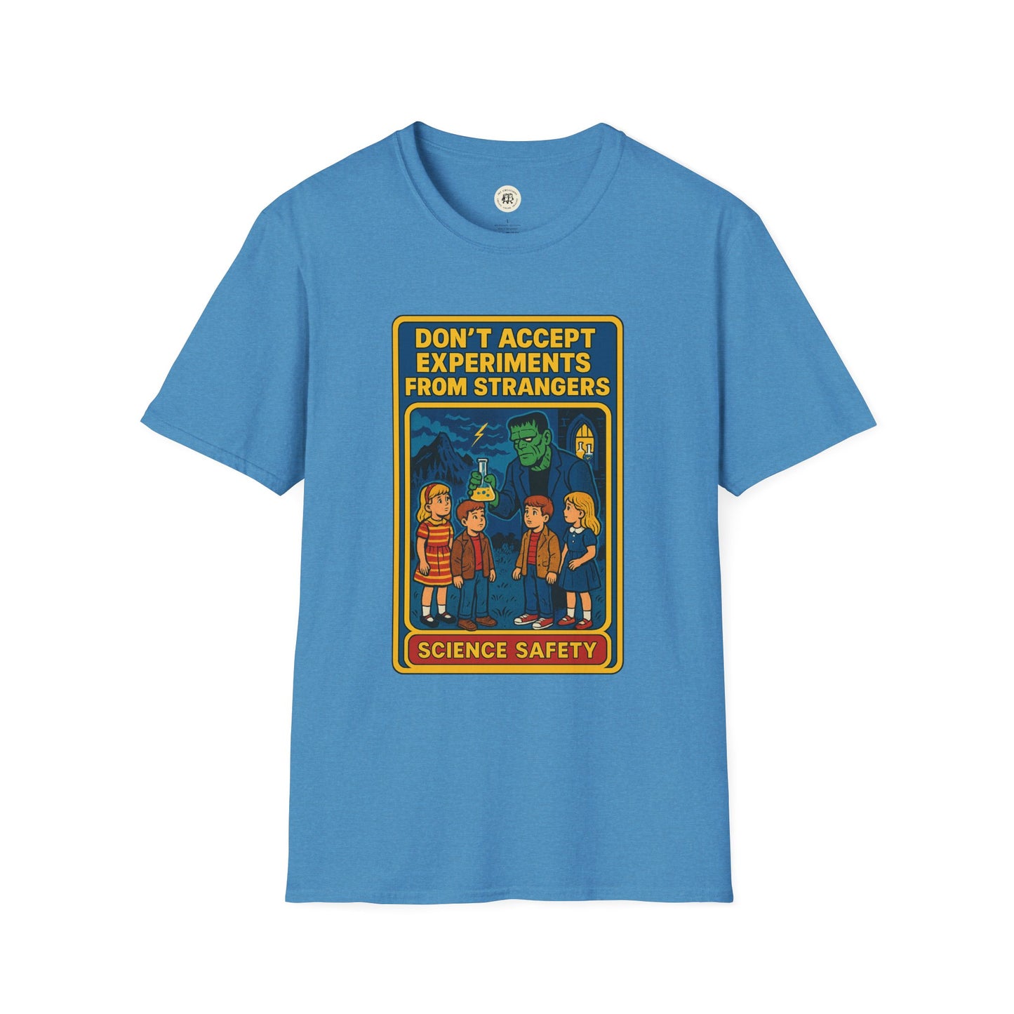 Blue Printify t-shirt featuring Frankenstein safety shirt design with science safety message