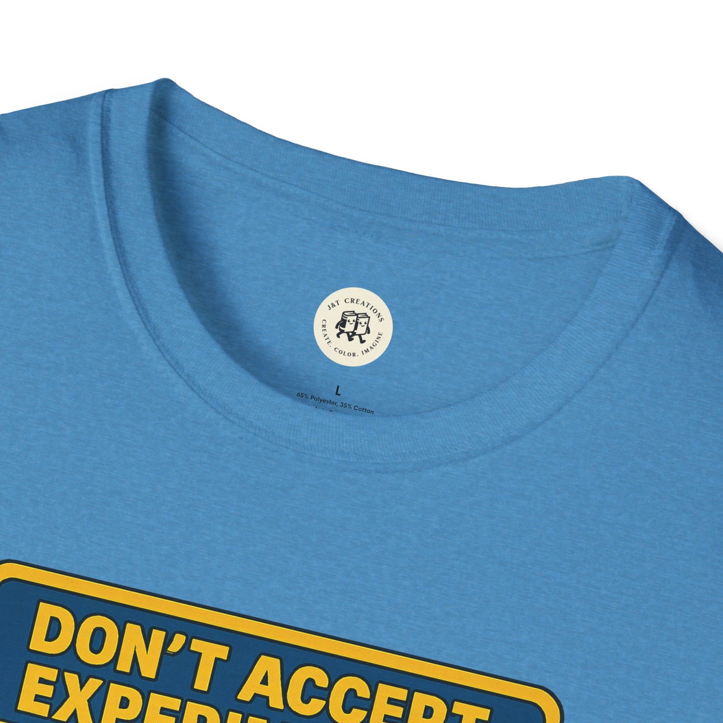 Blue Printify T-shirt featuring a bold yellow safety sign graphic with text on Frankenstein safety shirt
