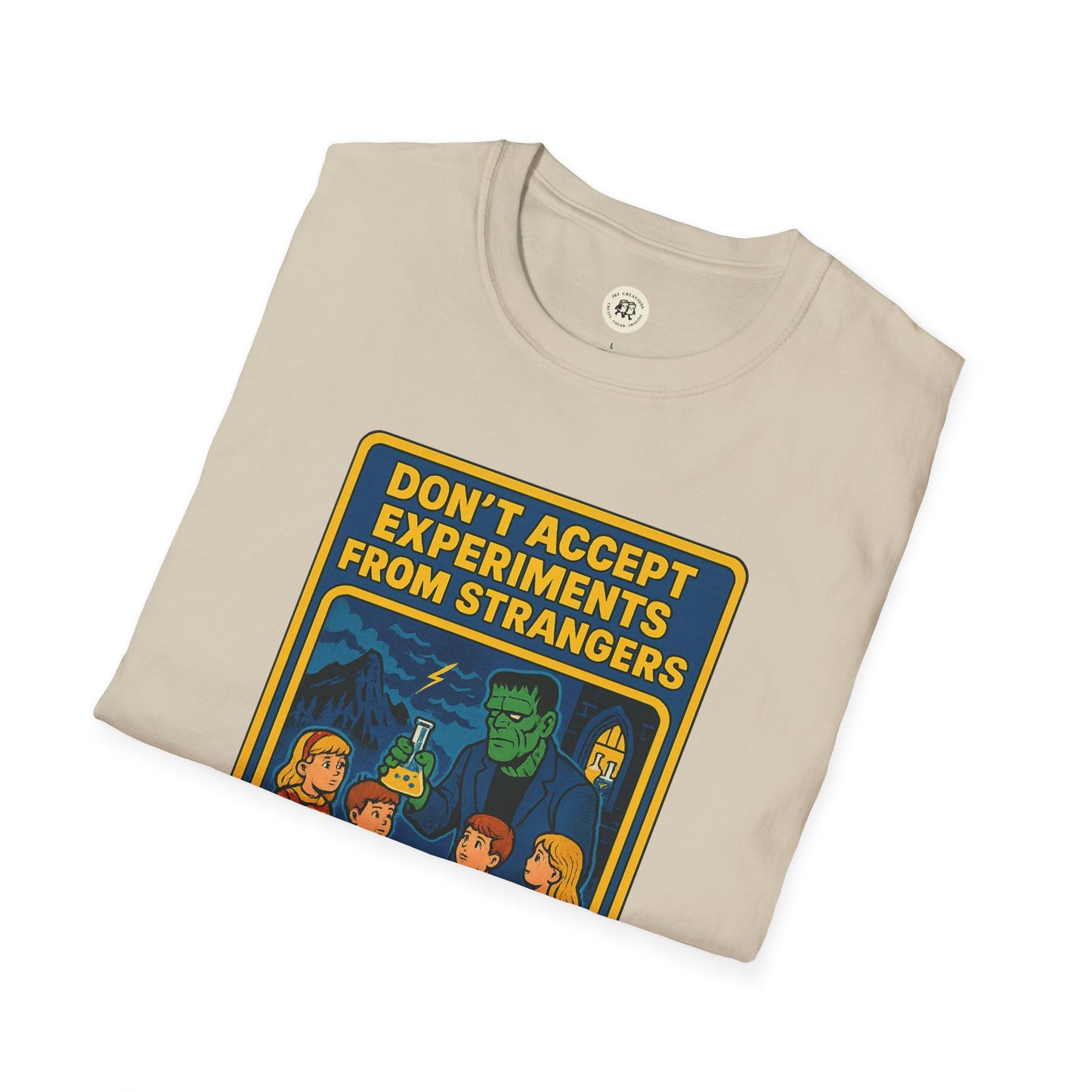 Printify Frankenstein safety shirt with vintage style Frankenstein graphic and safety warning text on beige T-shirt