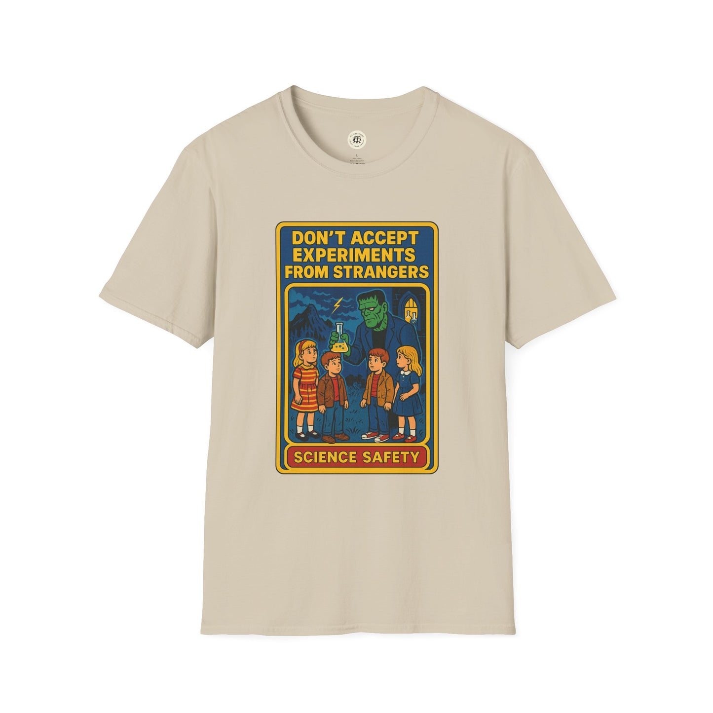 Beige Frankenstein safety shirt by Printify with cartoon design warning against experiments from strangers