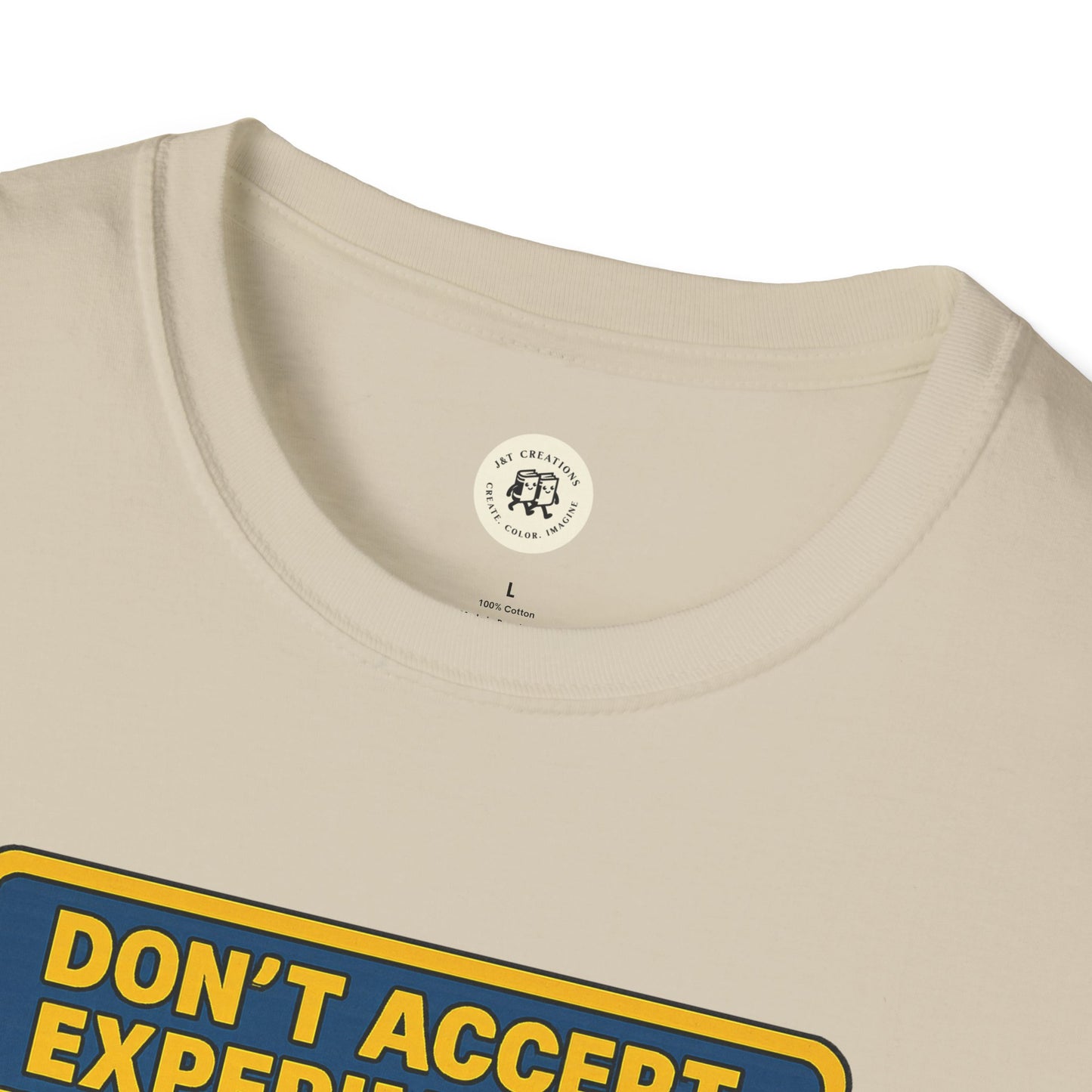 Beige Frankenstein safety shirt T-shirt by Printify with a bold warning graphic design